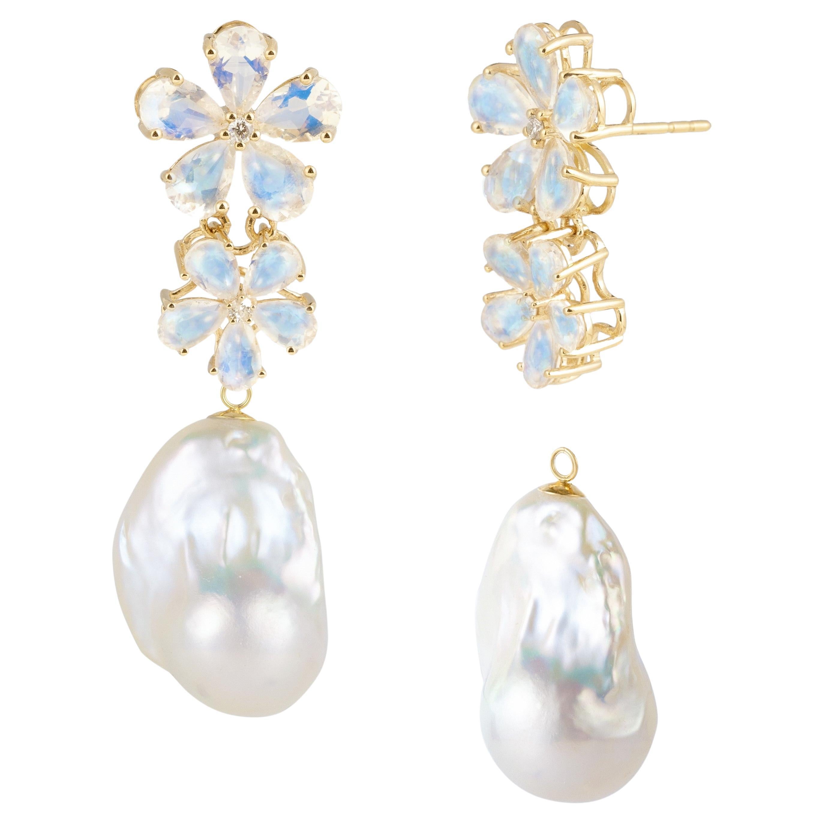 Nina Zhou Moonstone Diamond Blossom and Baroque Pearl Convertible Drop Earrings For Sale