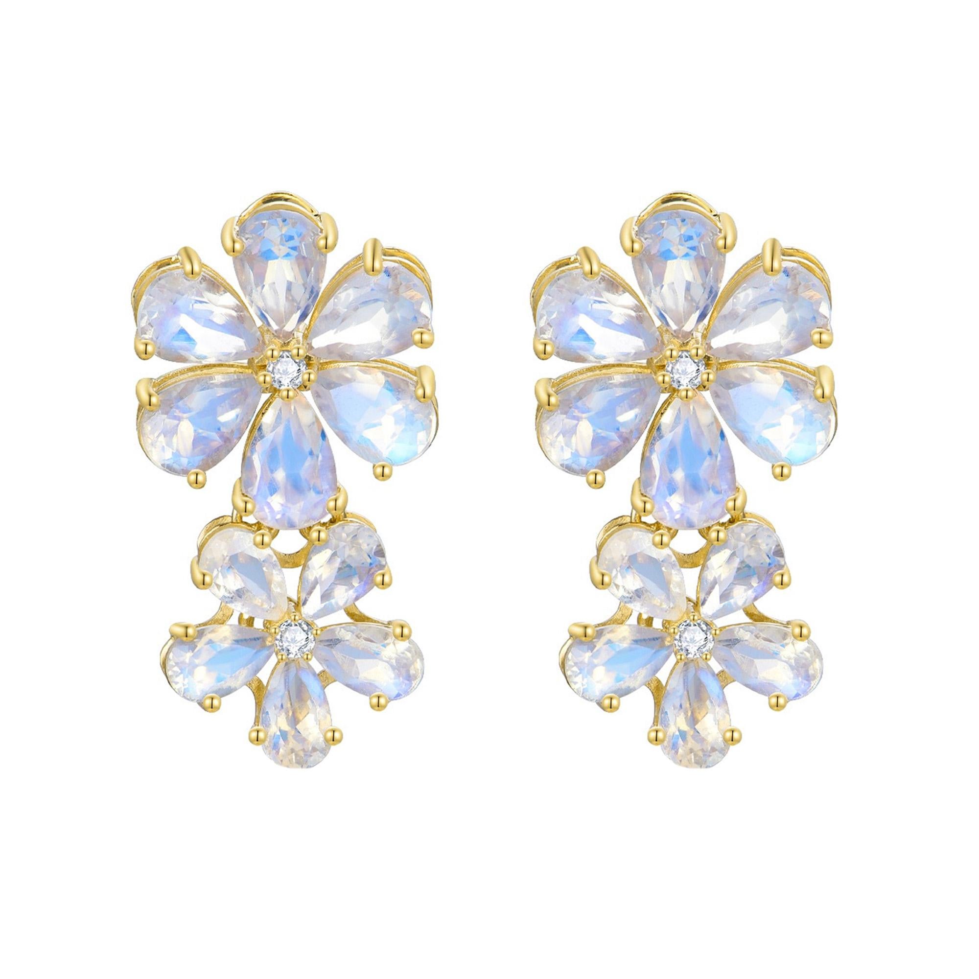 Nina Zhou 5.60ct Moonstone Diamond Double Blossom Baroque Pearl Earrings For Sale 4