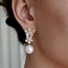 Nina Zhou 5.72ct Moonstone Diamond Double Blossom Freshwater Pearl Earrings