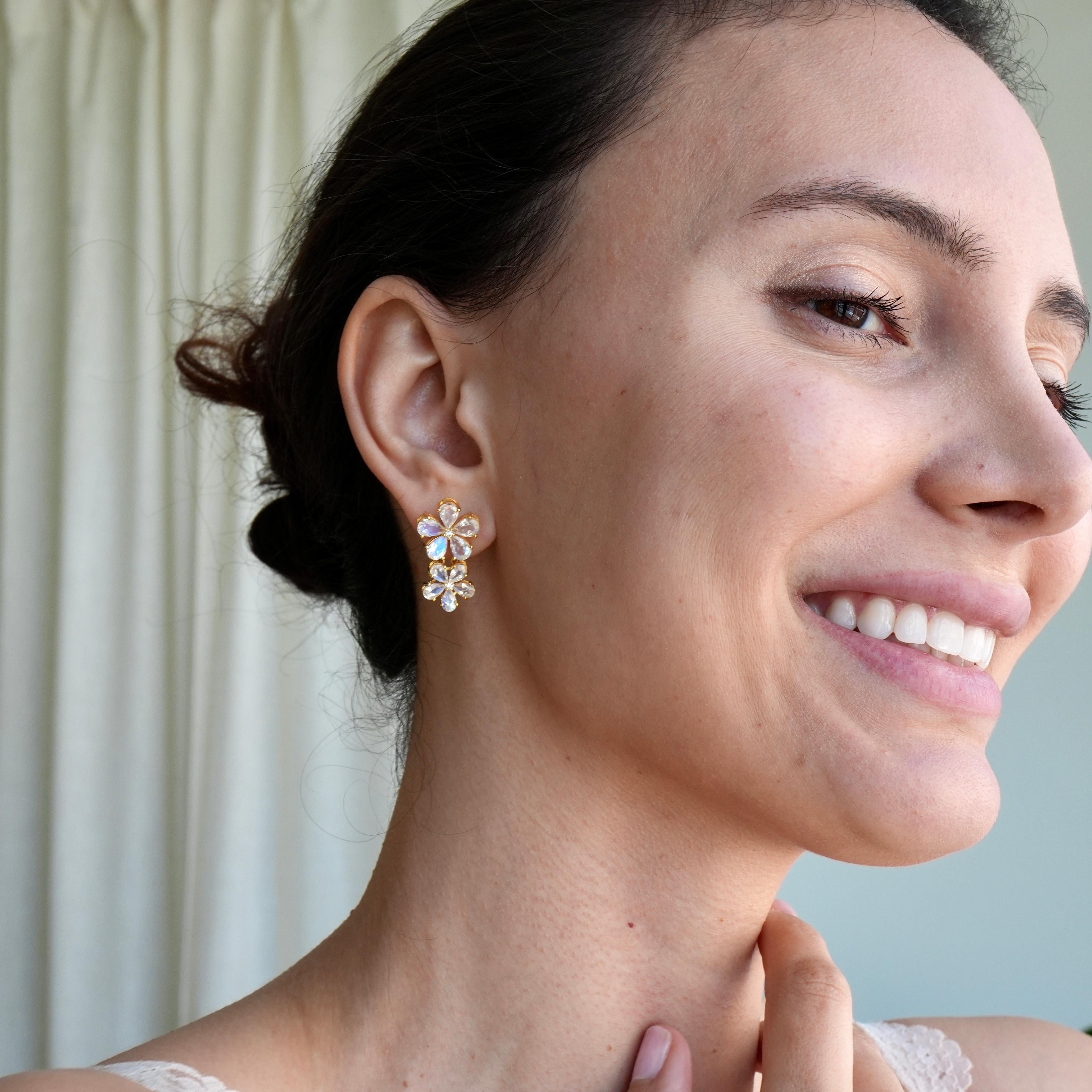 Nina Zhou Moonstone Diamond Double Blossom Pearl Convertible Drop Earrings In New Condition For Sale In Rowland Heights, CA