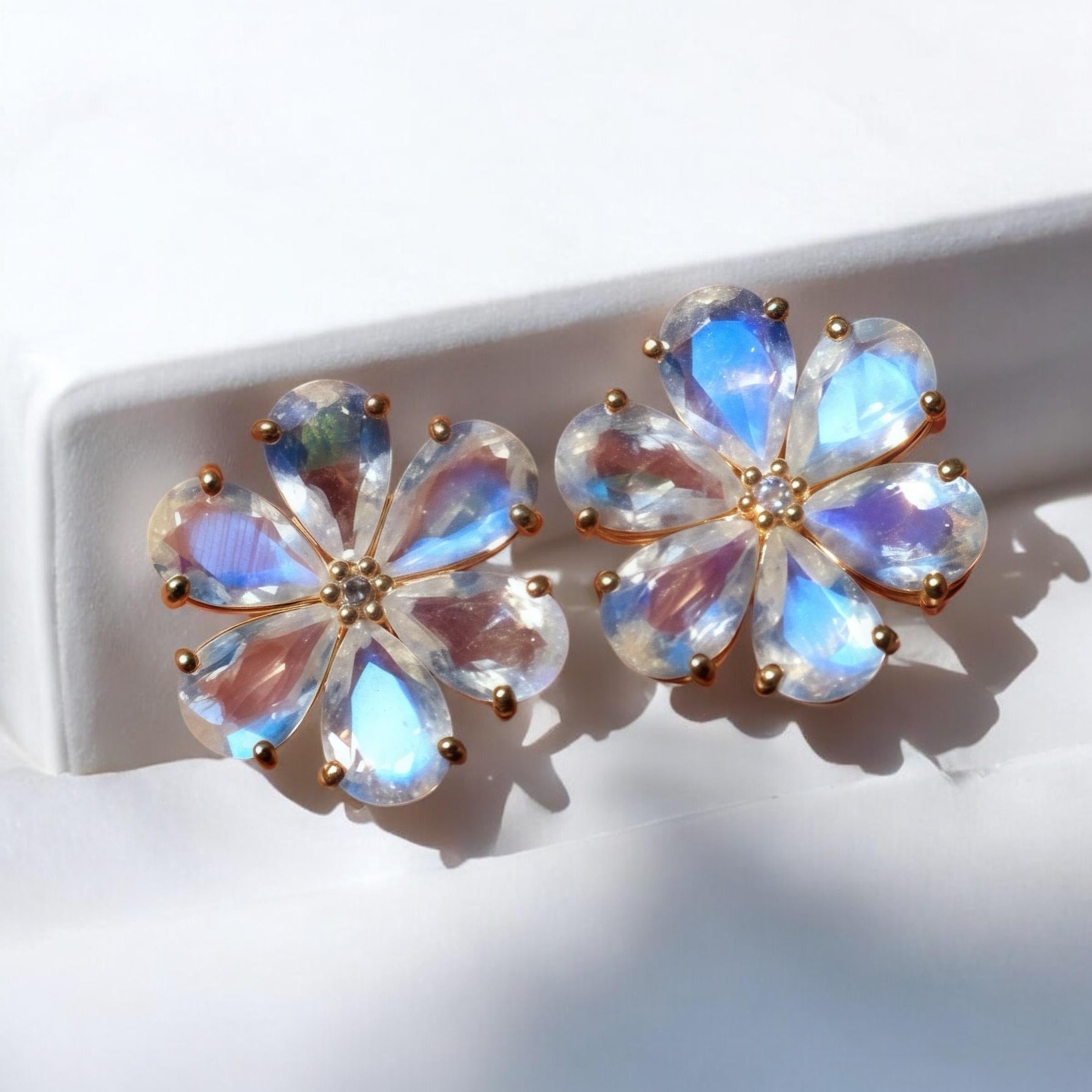 Pear Cut Nina Zhou Moonstone Diamond Forget-Me-Not Earrings For Sale