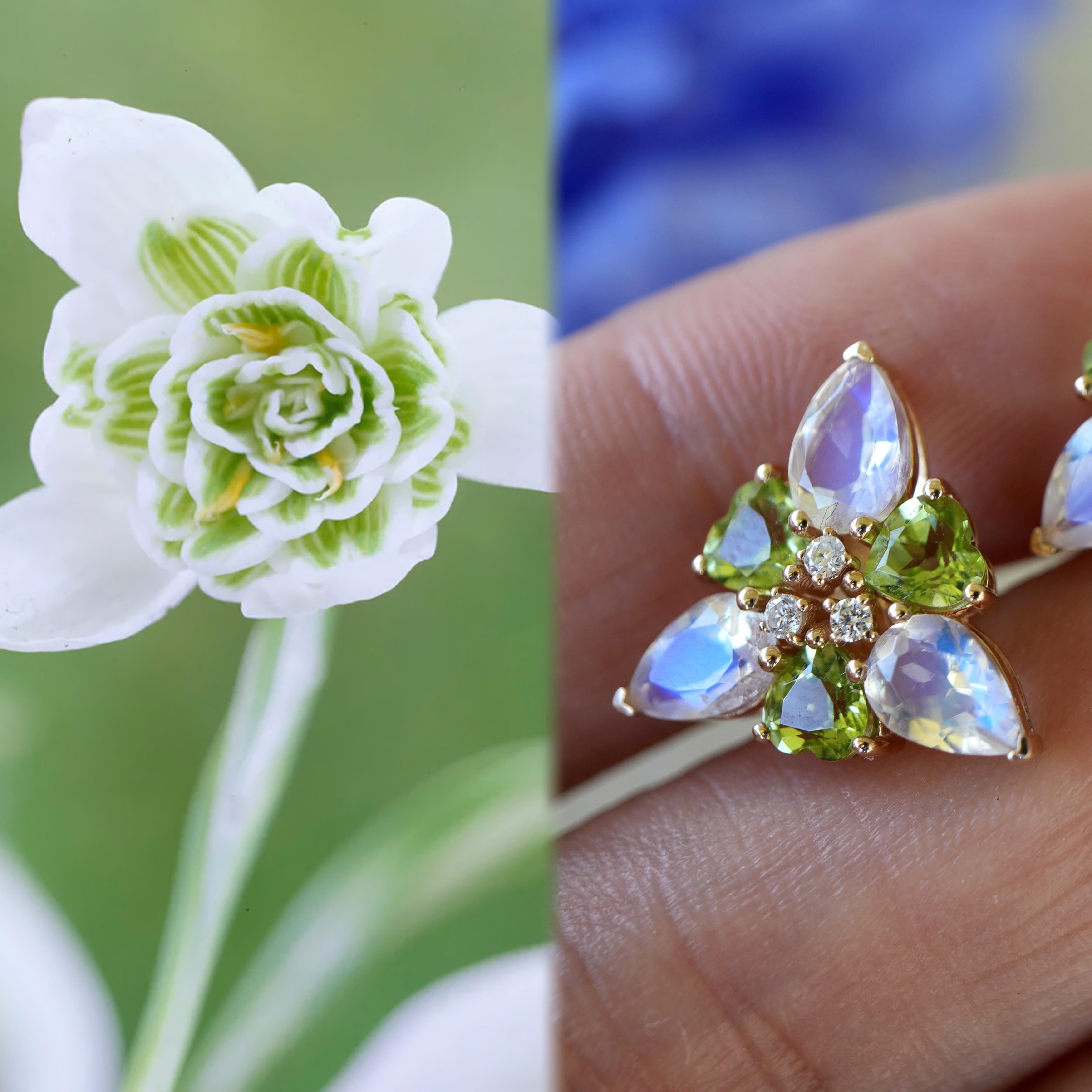Modern Nina Zhou Moonstone Peridot Diamond Snowdrop Flower Earrings For Sale