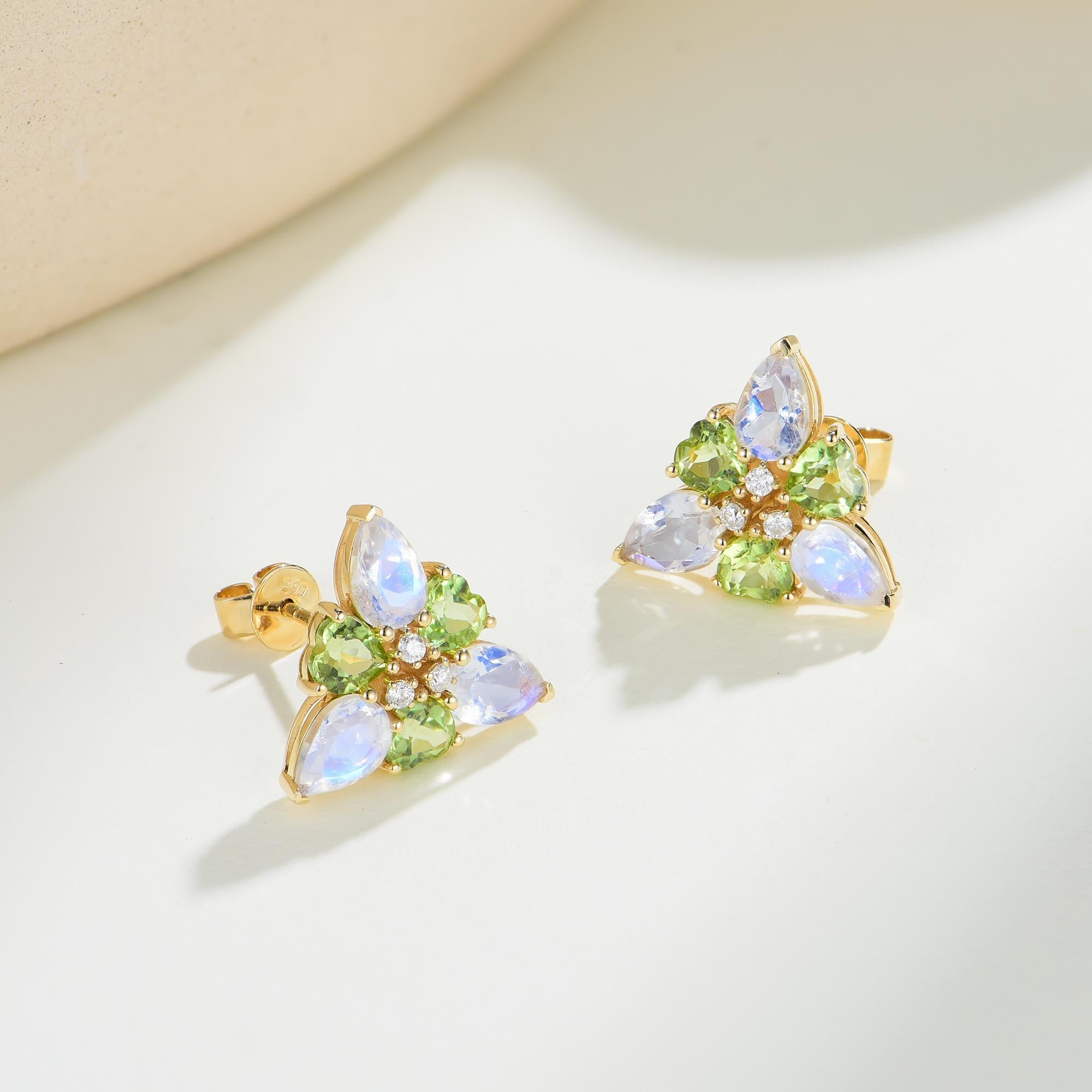 Brilliant Cut Nina Zhou Moonstone Peridot Diamond Snowdrop Flower Earrings For Sale