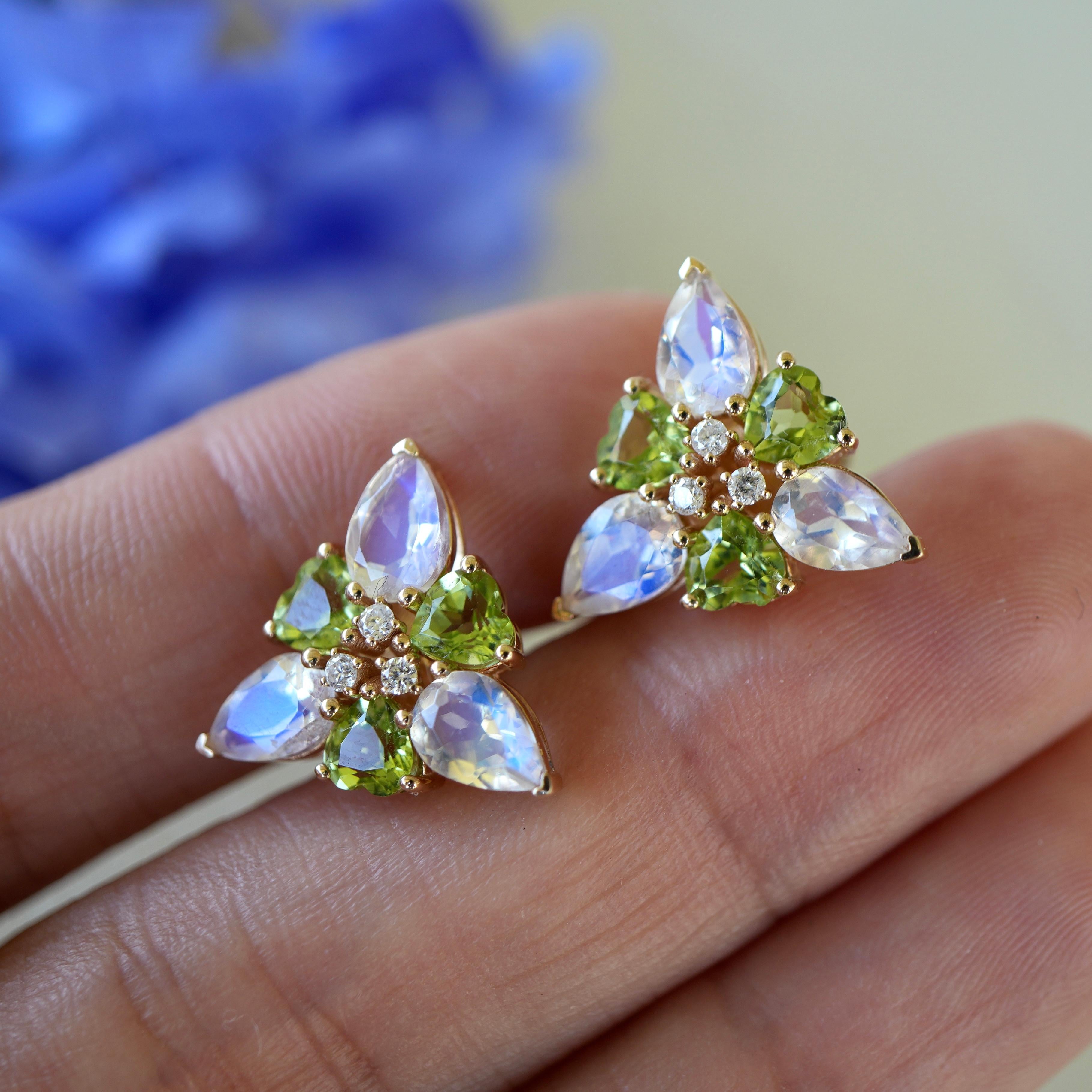 Nina Zhou Moonstone Peridot Diamond Snowdrop Flower Earrings In New Condition For Sale In Rowland Heights, CA