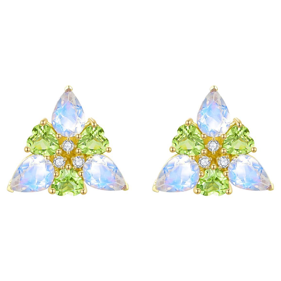 Nina Zhou Moonstone Peridot Diamond Snowdrop Flower Earrings For Sale