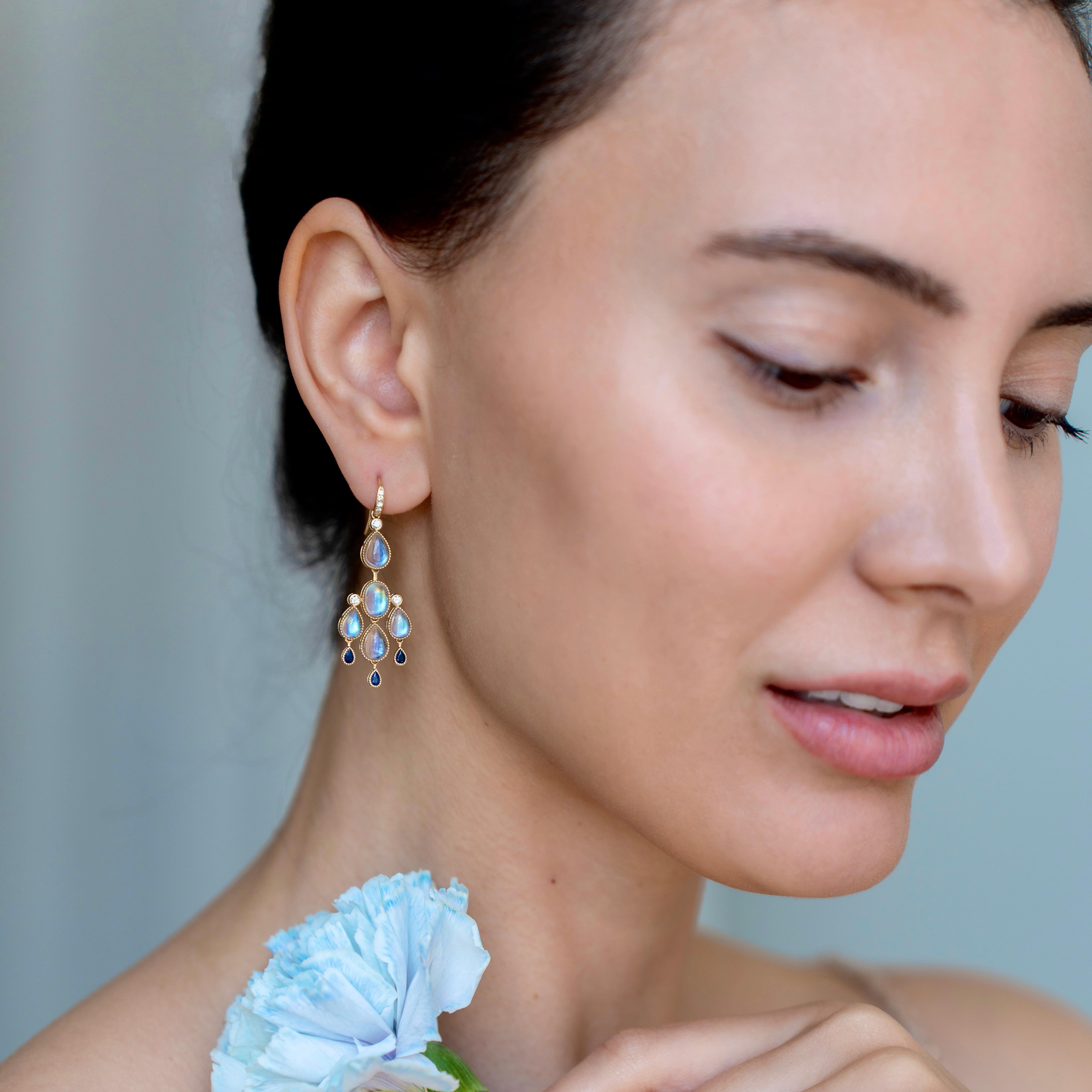 Nina Zhou Moonstone Sapphire Diamond Chandelier Drop Earrings For Sale 2