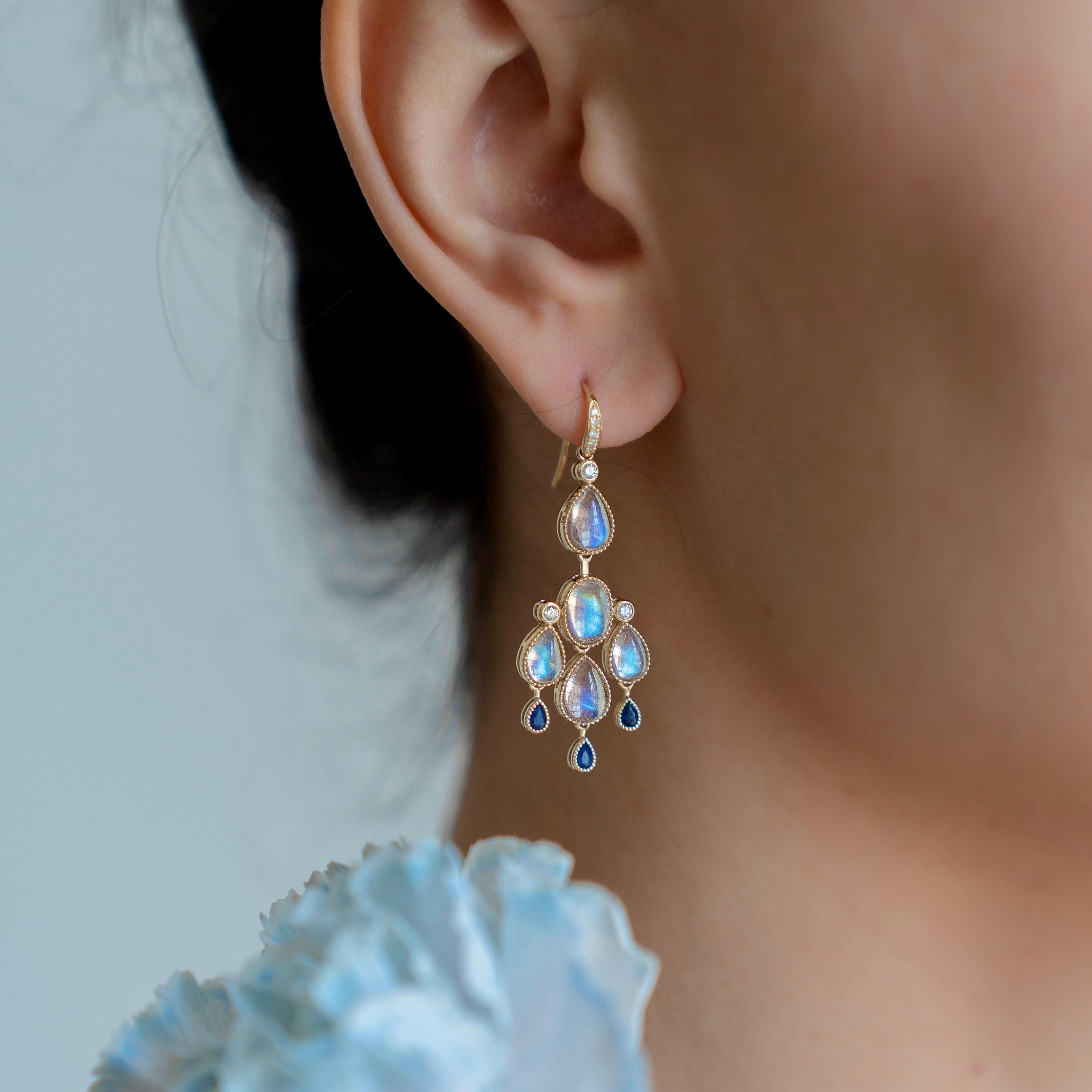 Brilliant Cut Nina Zhou Moonstone Sapphire Diamond Chandelier Drop Earrings For Sale
