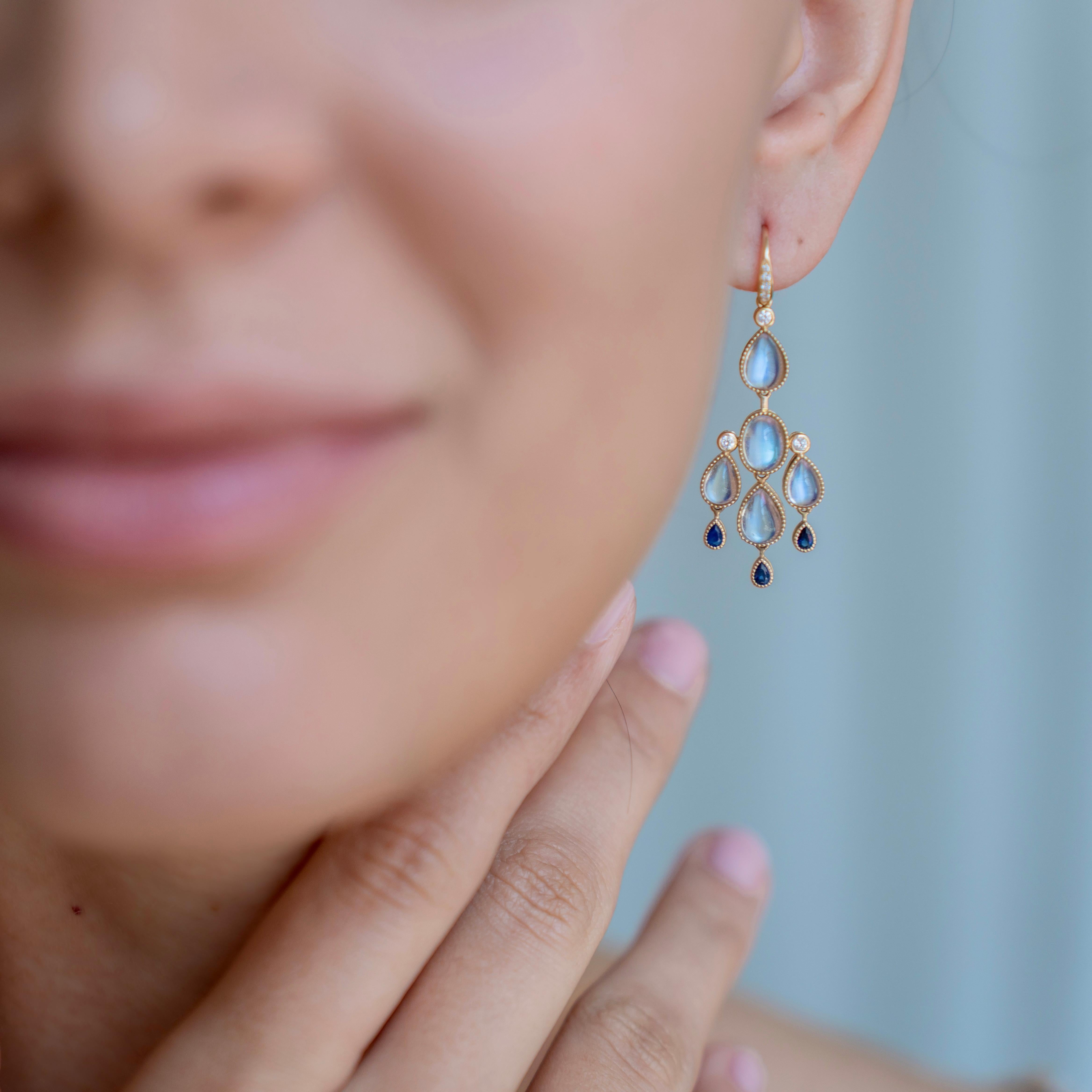 Nina Zhou Moonstone Sapphire Diamond Chandelier Drop Earrings In New Condition For Sale In Rowland Heights, CA