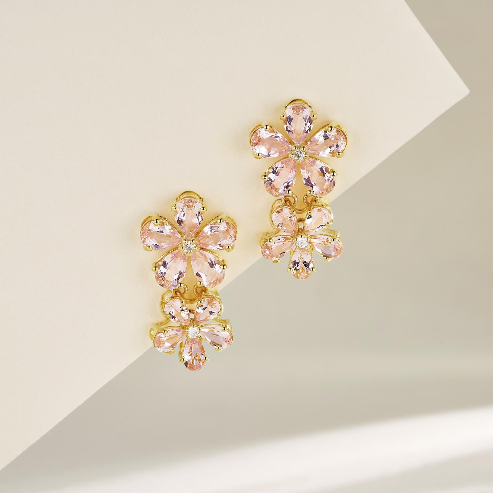 Nina Zhou Pink Morganite Diamond Double Blossom Drop Earrings In New Condition For Sale In Rowland Heights, CA
