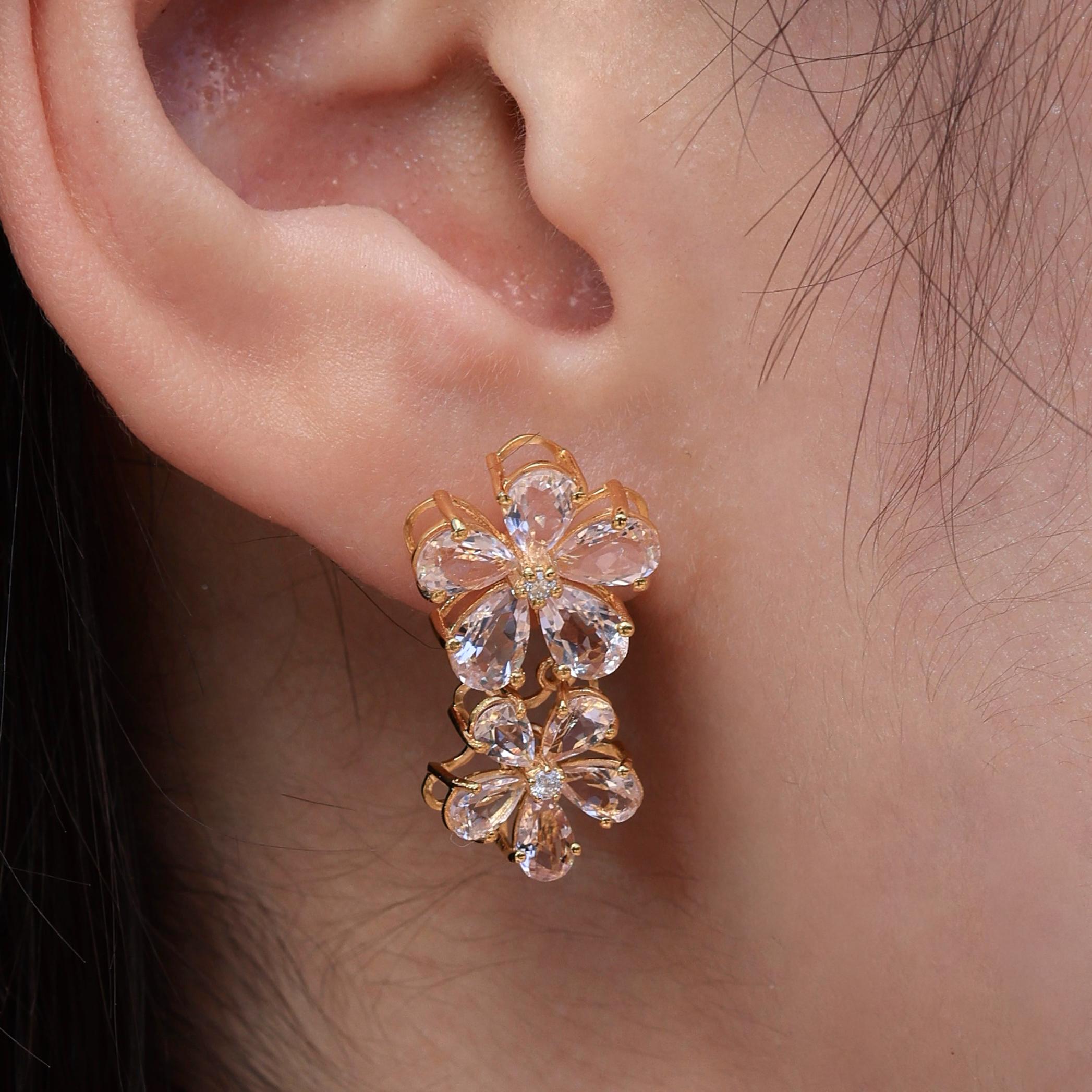 Modern Nina Zhou Pink Morganite Diamond Double Blossom Drop Earrings For Sale