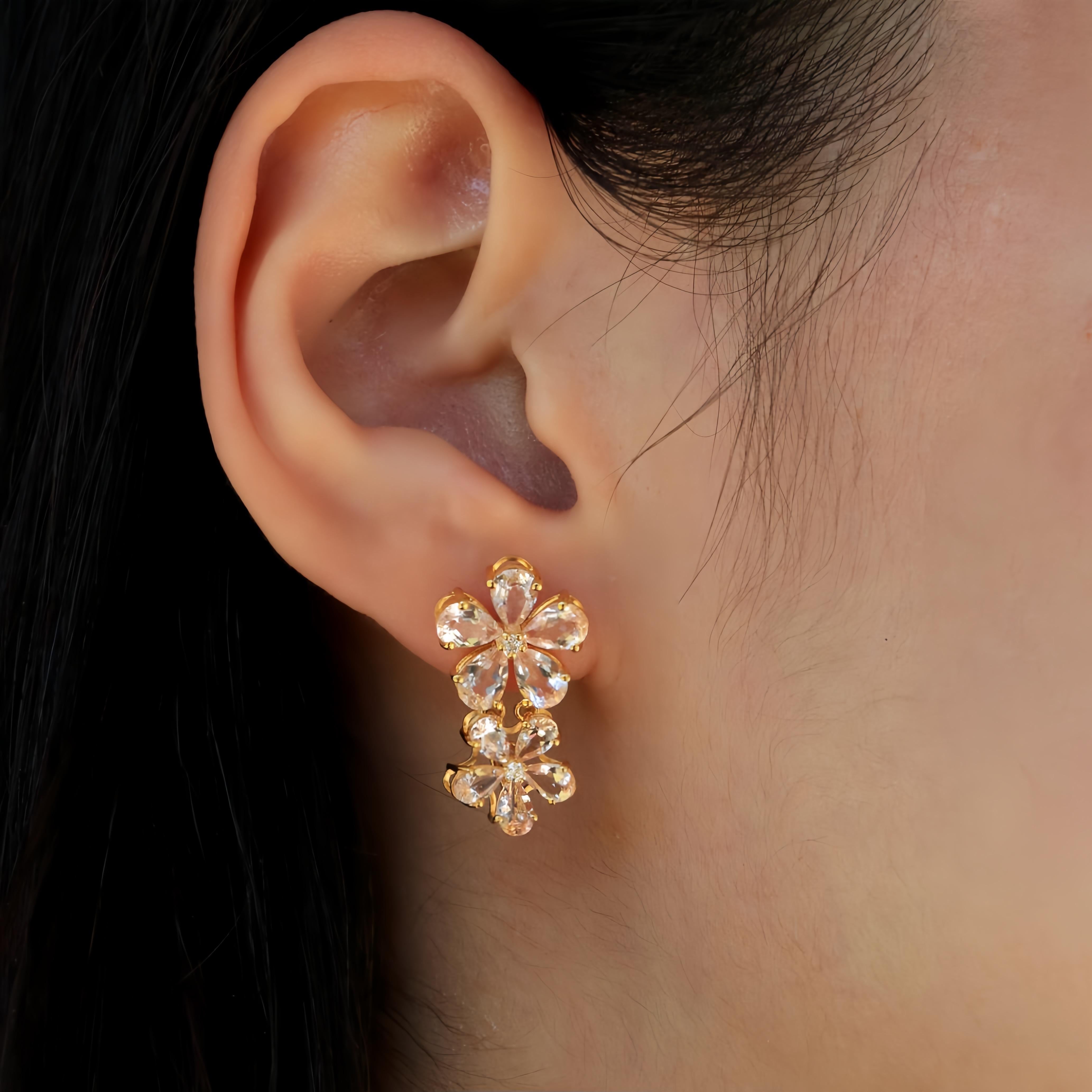 Pear Cut Nina Zhou Pink Morganite Diamond Double Blossom Drop Earrings For Sale