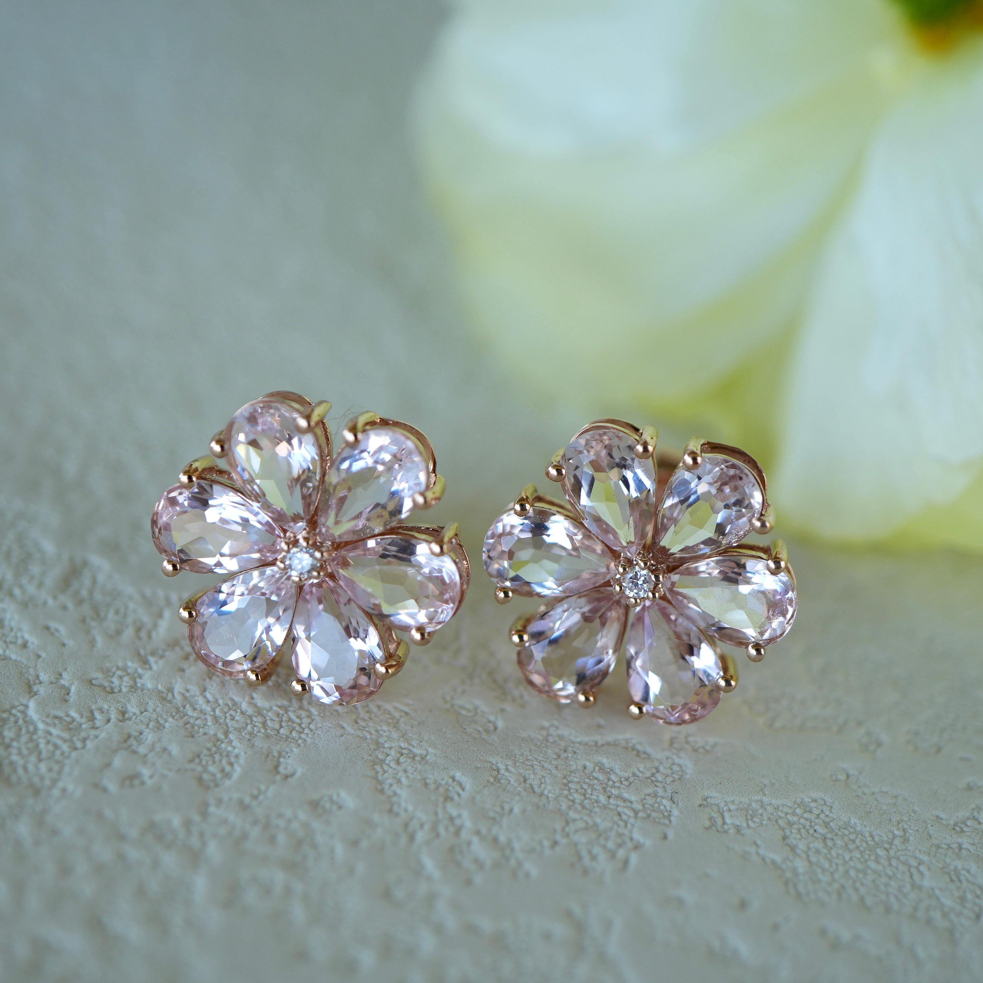 Pear Cut Nina Zhou Morganite Diamond Forget-me-Not Flower Earrings For Sale