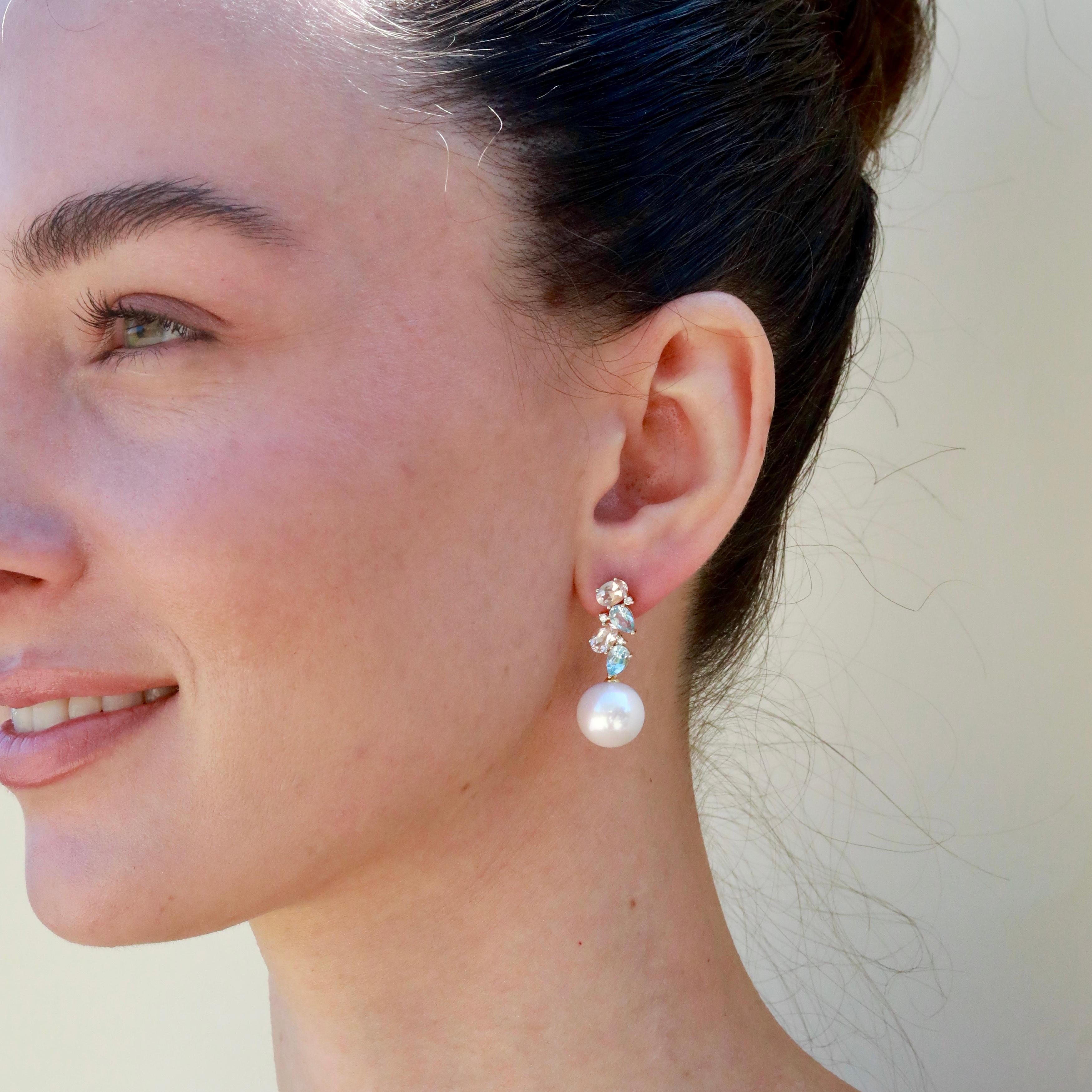 Nina Zhou Nosa Pendiente Gota Aguamarina, Morganita y Diamante Perla de 4,30 quilates Moderno en venta
