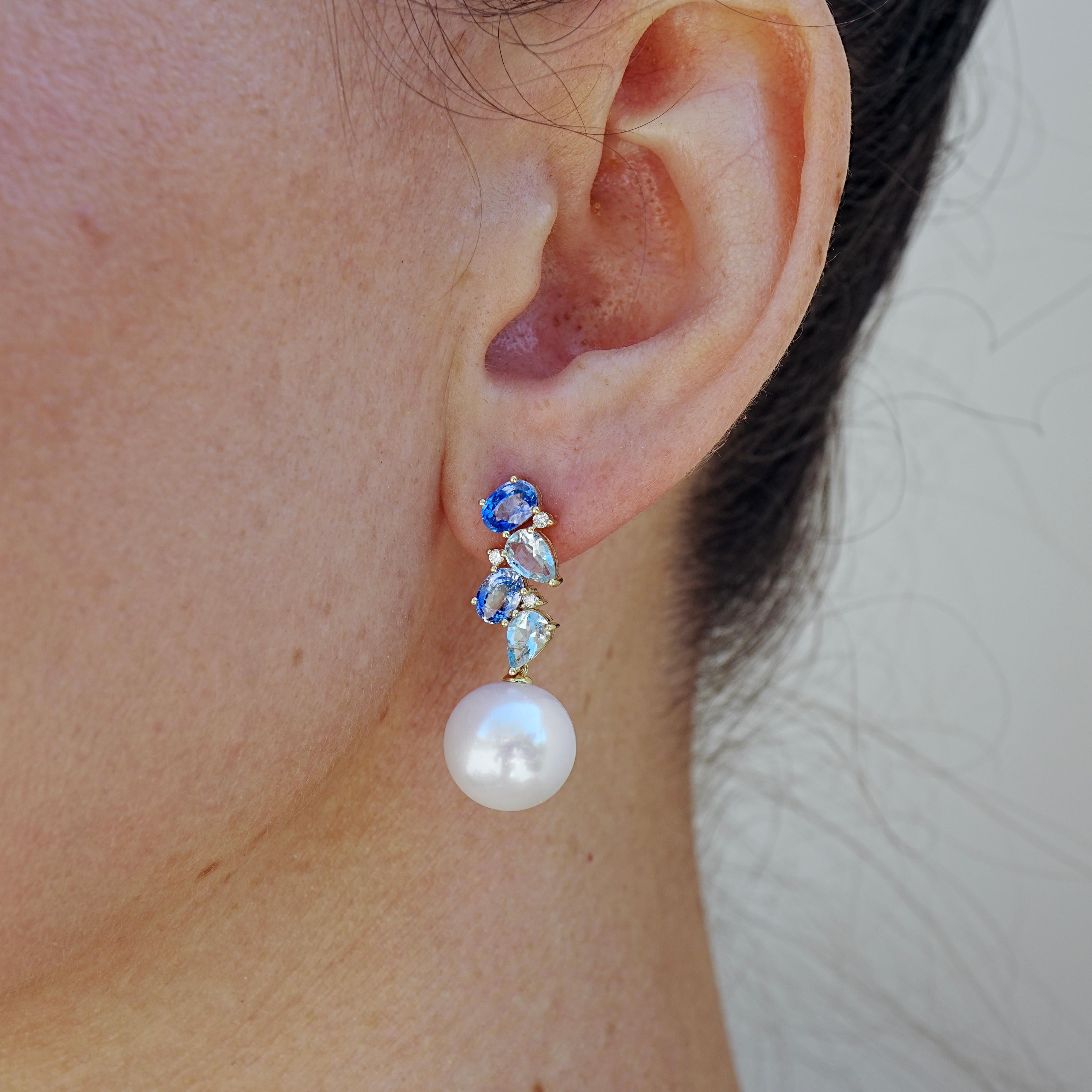 Pendientes Nosa de zafiro, aguamarina y diamantes de 4,60 ctw Corte brillante en venta