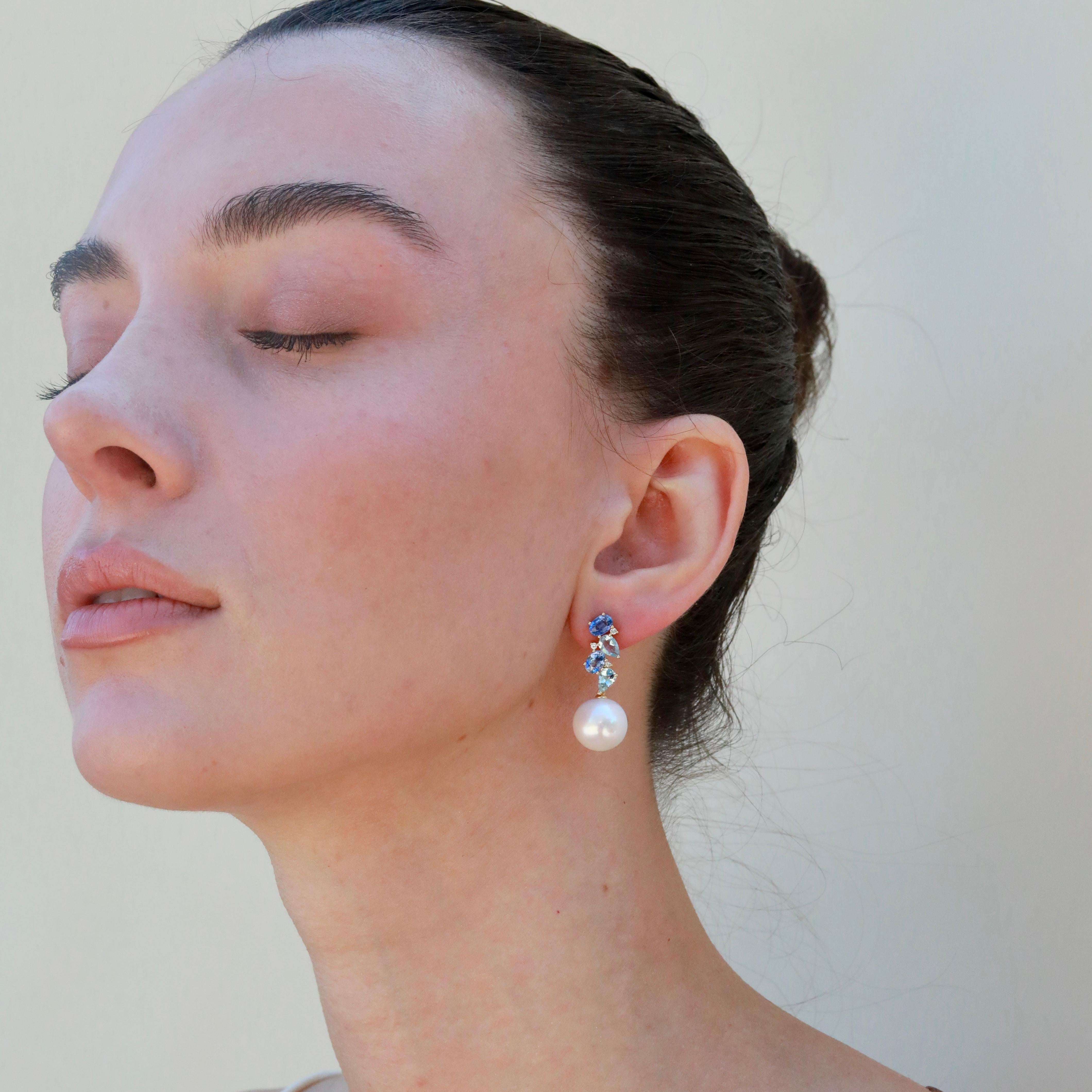 Pendientes Nosa de zafiro, aguamarina y diamantes de 4,60 ctw en Nuevo estado para la venta en Rowland Heights, CA