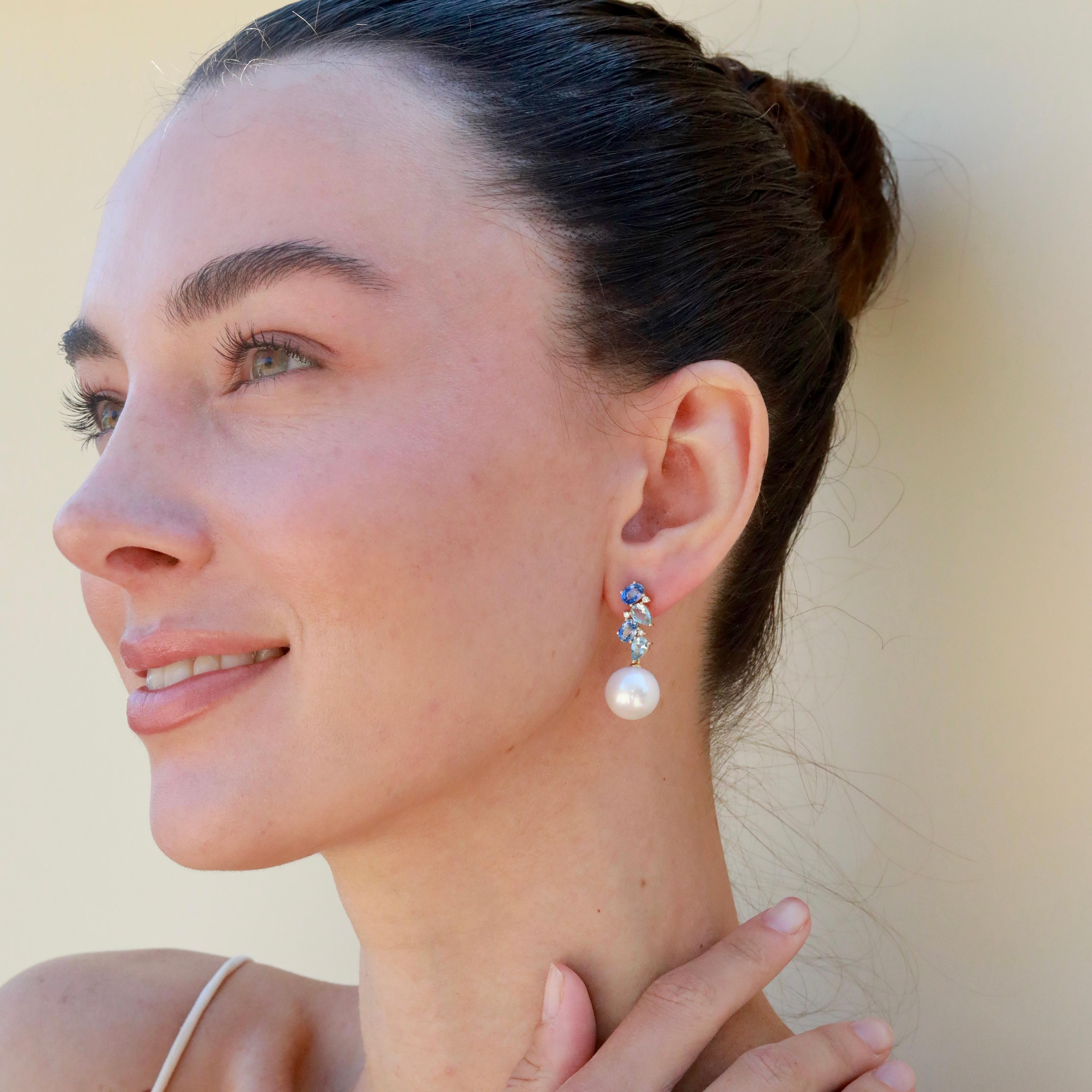 De las mujeres Pendientes Nosa de zafiro, aguamarina y diamantes de 4,60 ctw en venta