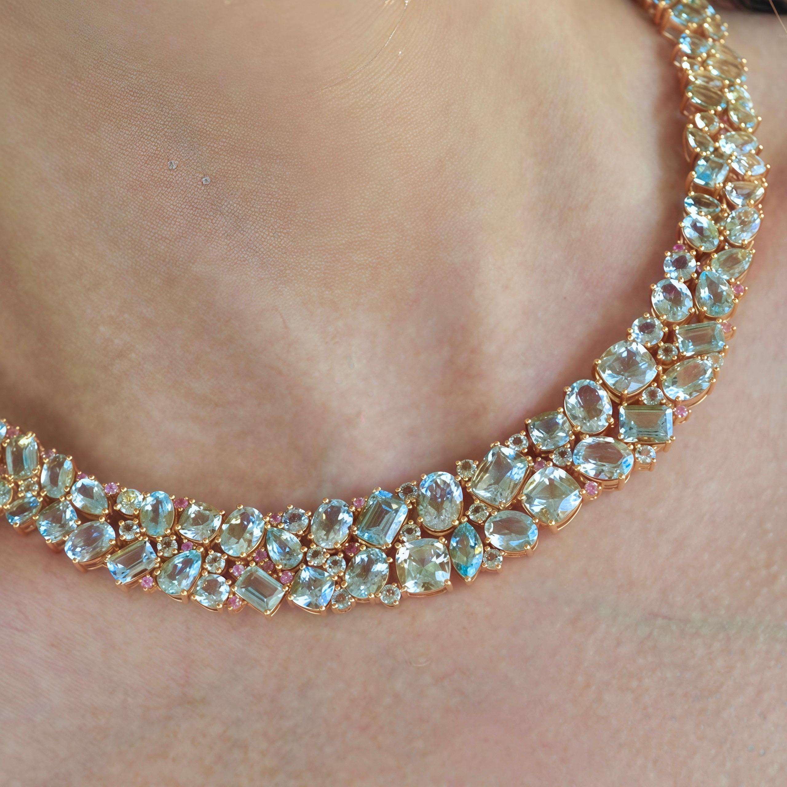 Collar Nina Zhou Ocean Life 90ctw Aguamarina, Topacio y Zafiro Rosa en Nuevo estado para la venta en Rowland Heights, CA