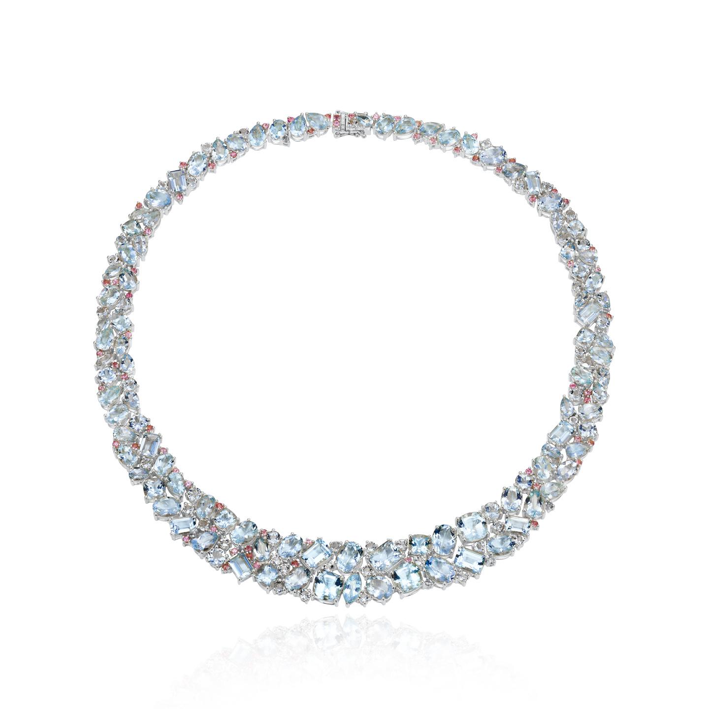 Nina Zhou Ocean Life Aquamarine, Topaz & Pink Sapphire Collar Necklace 18k Gold For Sale 1