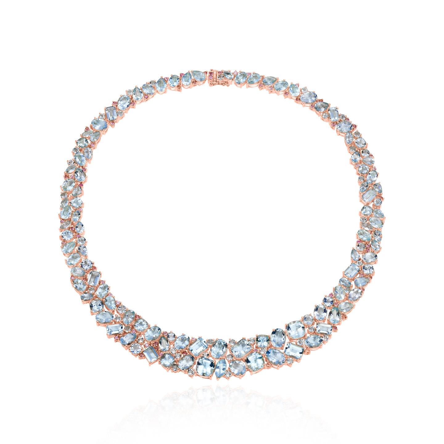 Nina Zhou Ocean Life Aquamarine, Topaz & Pink Sapphire Collar Necklace 18k Gold For Sale 2