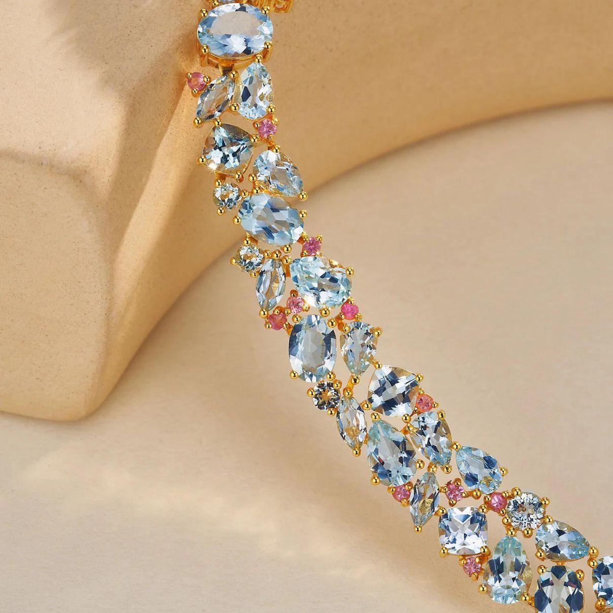 Nina Zhou Ocean Life Aquamarine, Topaz & Pink Sapphire Collar Necklace 18k Gold In New Condition For Sale In Rowland Heights, CA