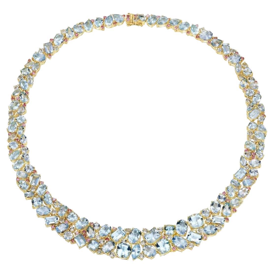 Nina Zhou Ocean Life Aquamarine, Topaz & Pink Sapphire Collar Necklace 18k Gold