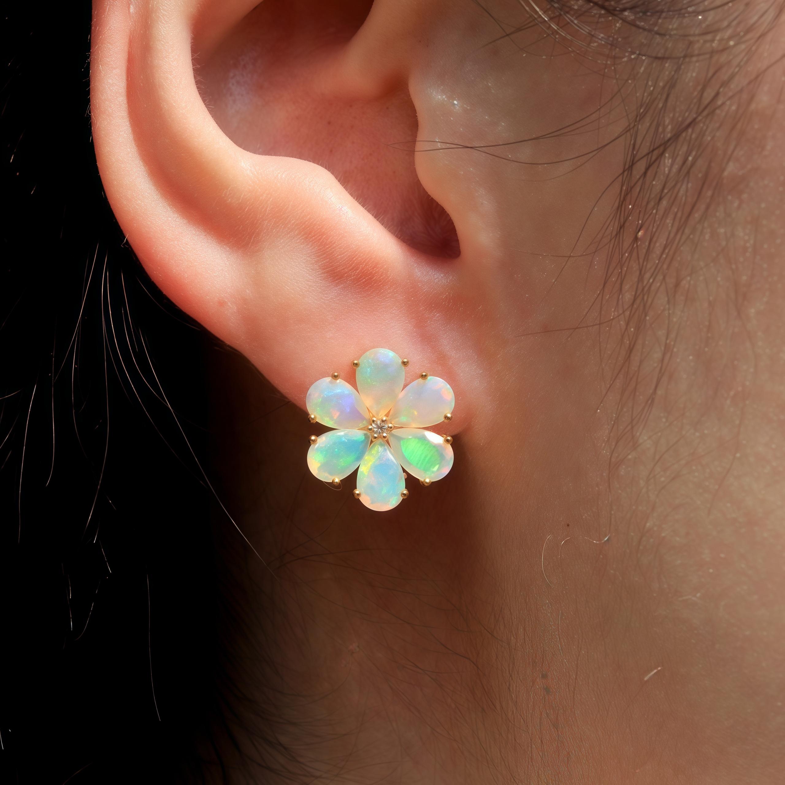 Pear Cut Nina Zhou Opal Diamond Forget-Me-Not Earrings For Sale
