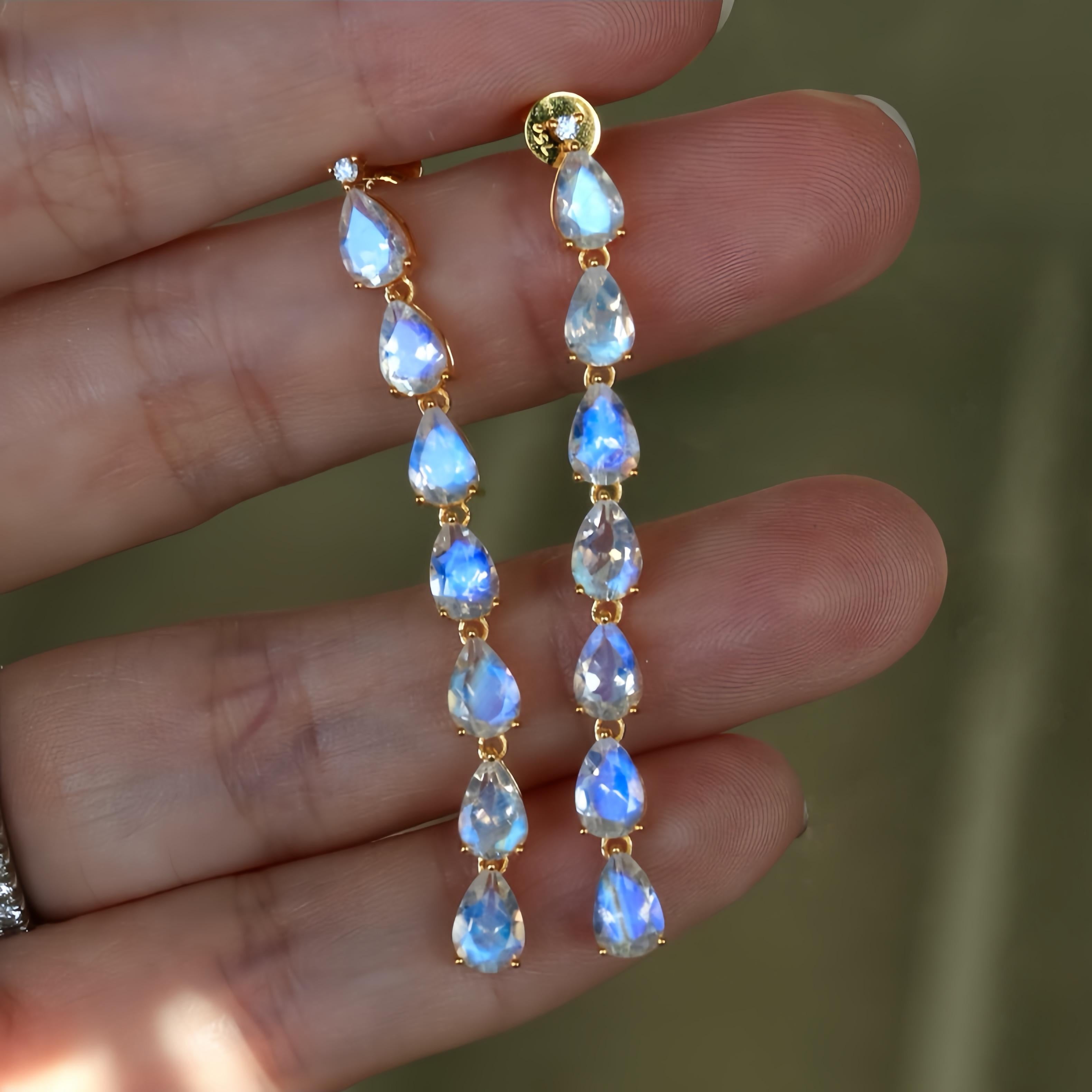 Nina Zhou Pear Blue Moonstone Diamond Gold Drop Earrings For Sale 2