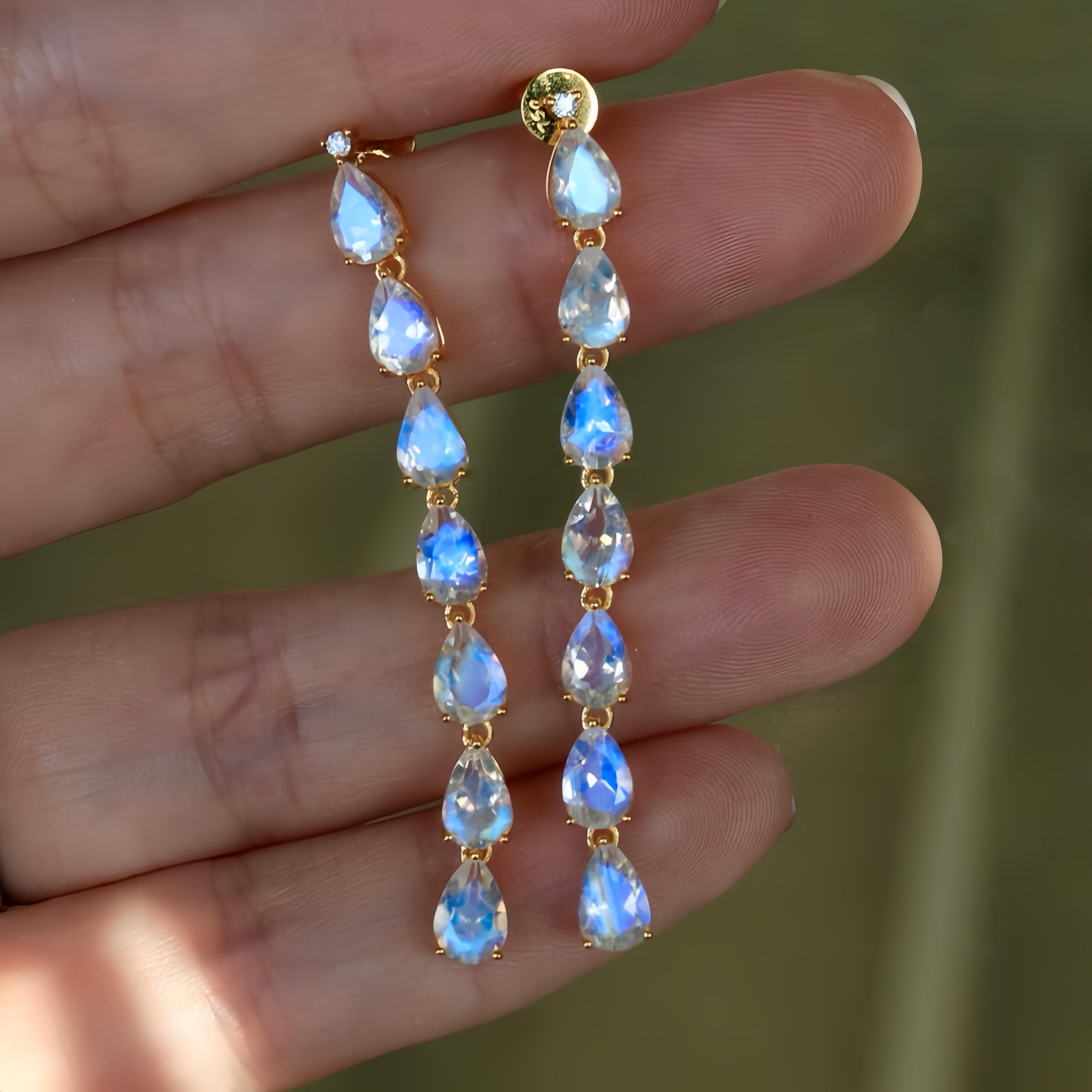 Nina Zhou Pear Blue Moonstone Diamond Gold Drop Earrings For Sale 1