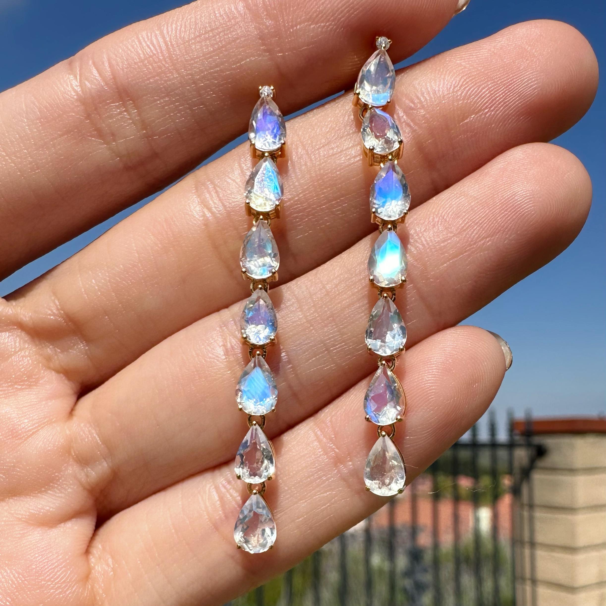 Pear Cut Nina Zhou Pear Blue Moonstone Diamond Gold Drop Earrings For Sale