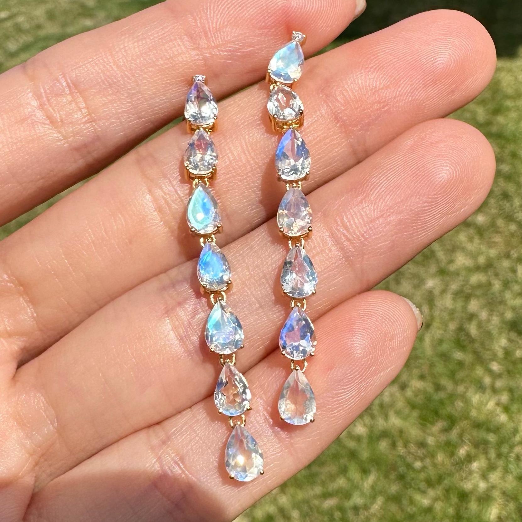 Nina Zhou Pear Blue Moonstone Diamond Gold Drop Earrings In New Condition For Sale In Rowland Heights, CA