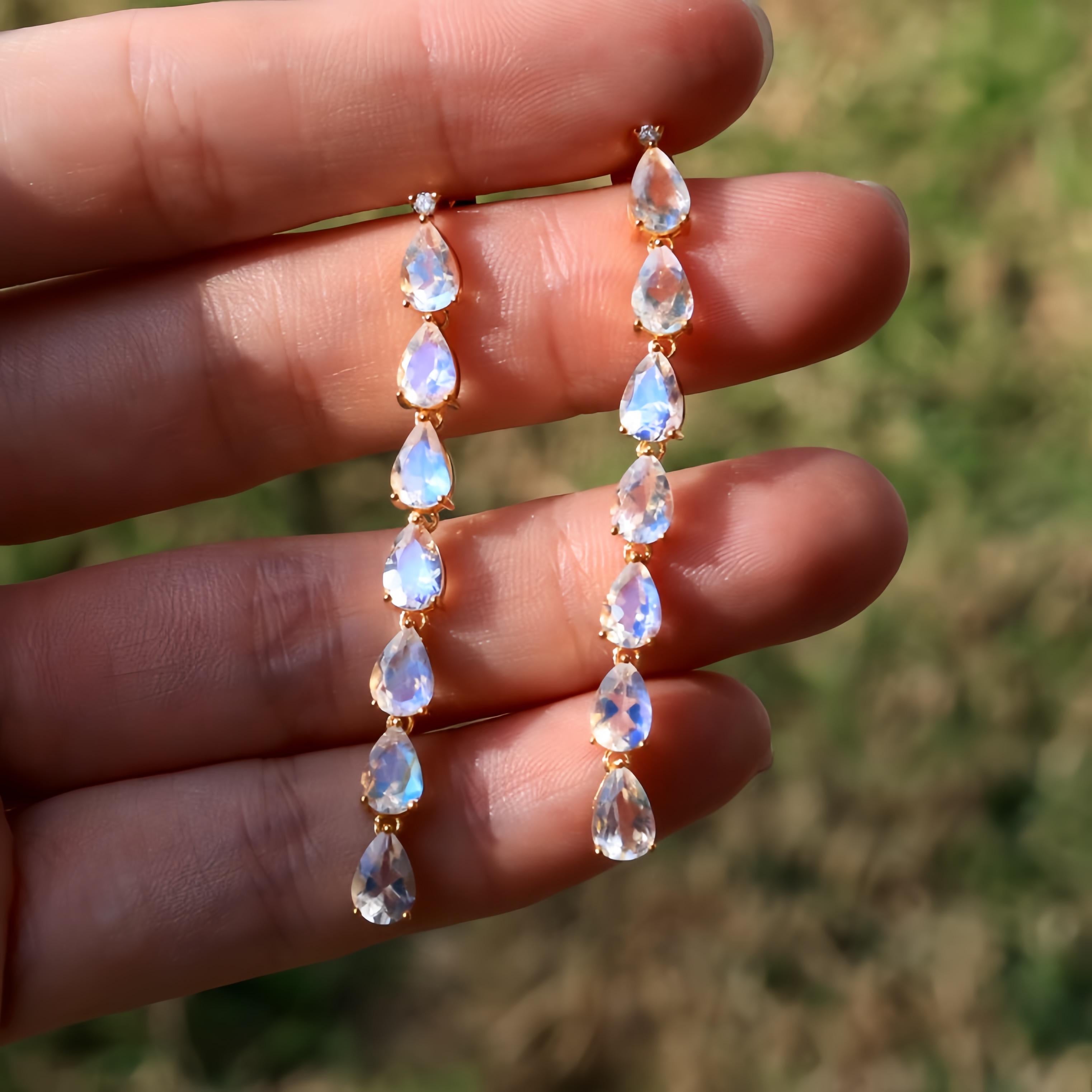 Pear Cut Nina Zhou Pear Blue Moonstone Diamond Gold Drop Earrings For Sale