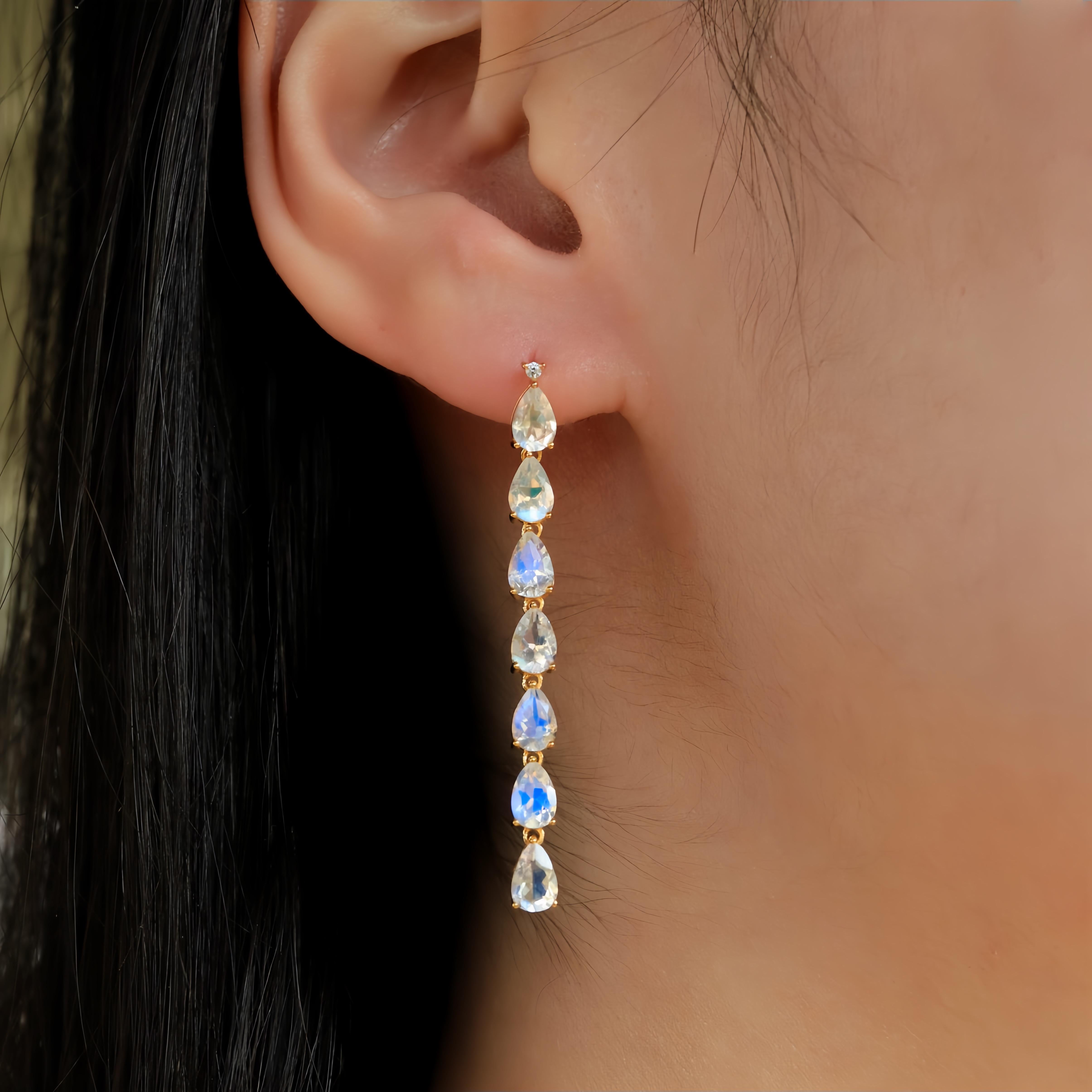 Modern Nina Zhou Pear Blue Moonstone Diamond Gold Drop Earrings For Sale
