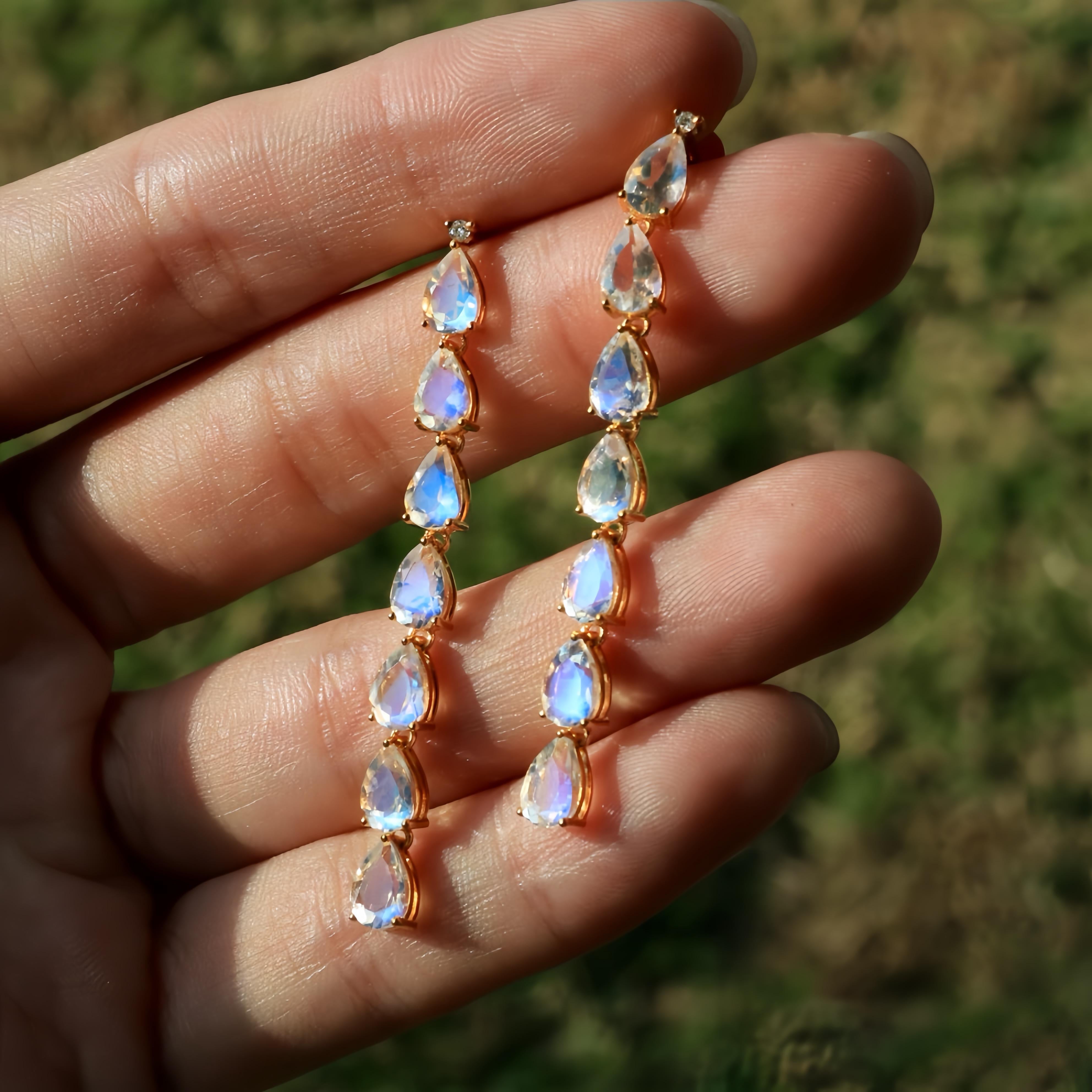Nina Zhou Pear Blue Moonstone Diamond Gold Drop Earrings In New Condition For Sale In Rowland Heights, CA
