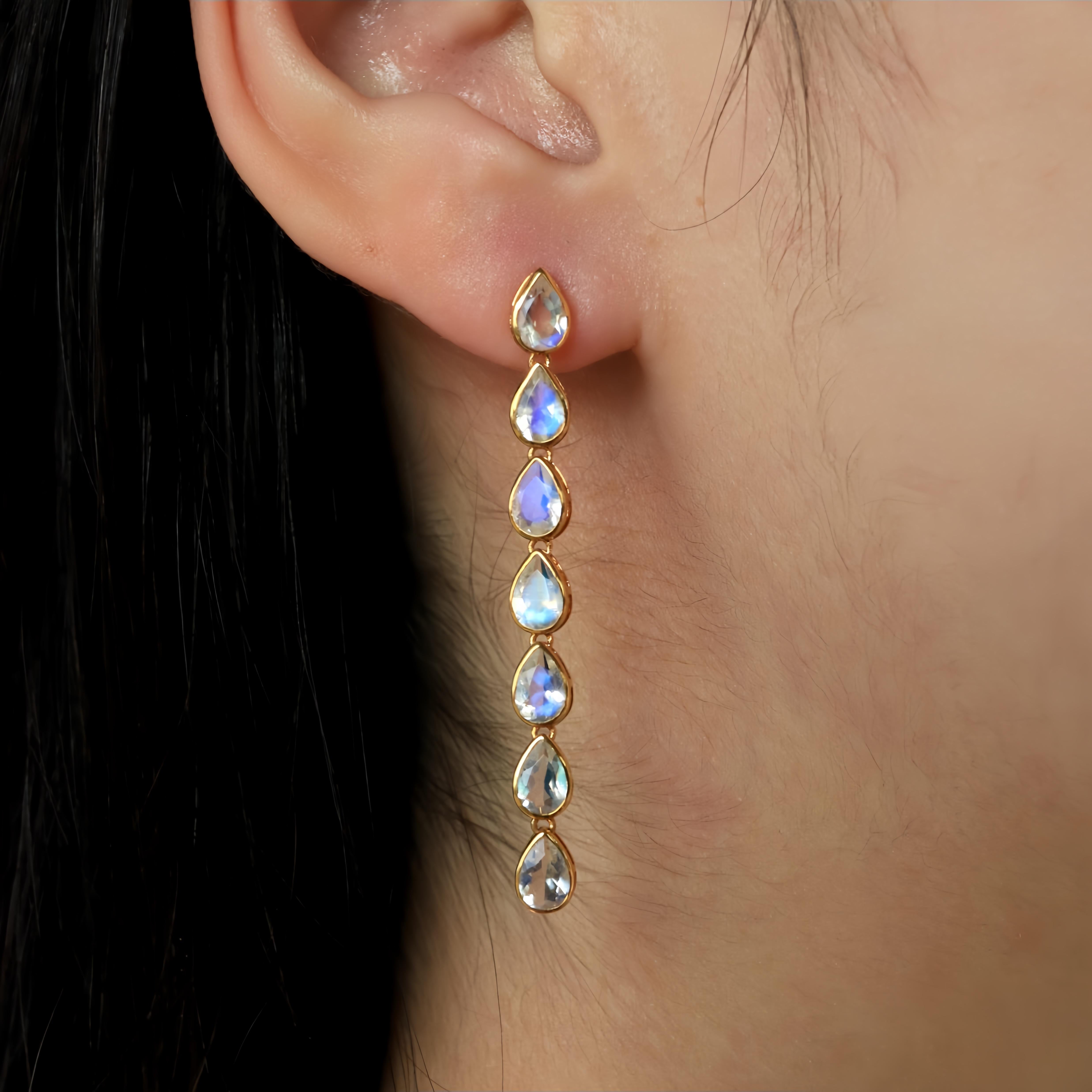 Nina Zhou Pear Blue Moonstone Gold Drop Earrings In New Condition For Sale In Rowland Heights, CA