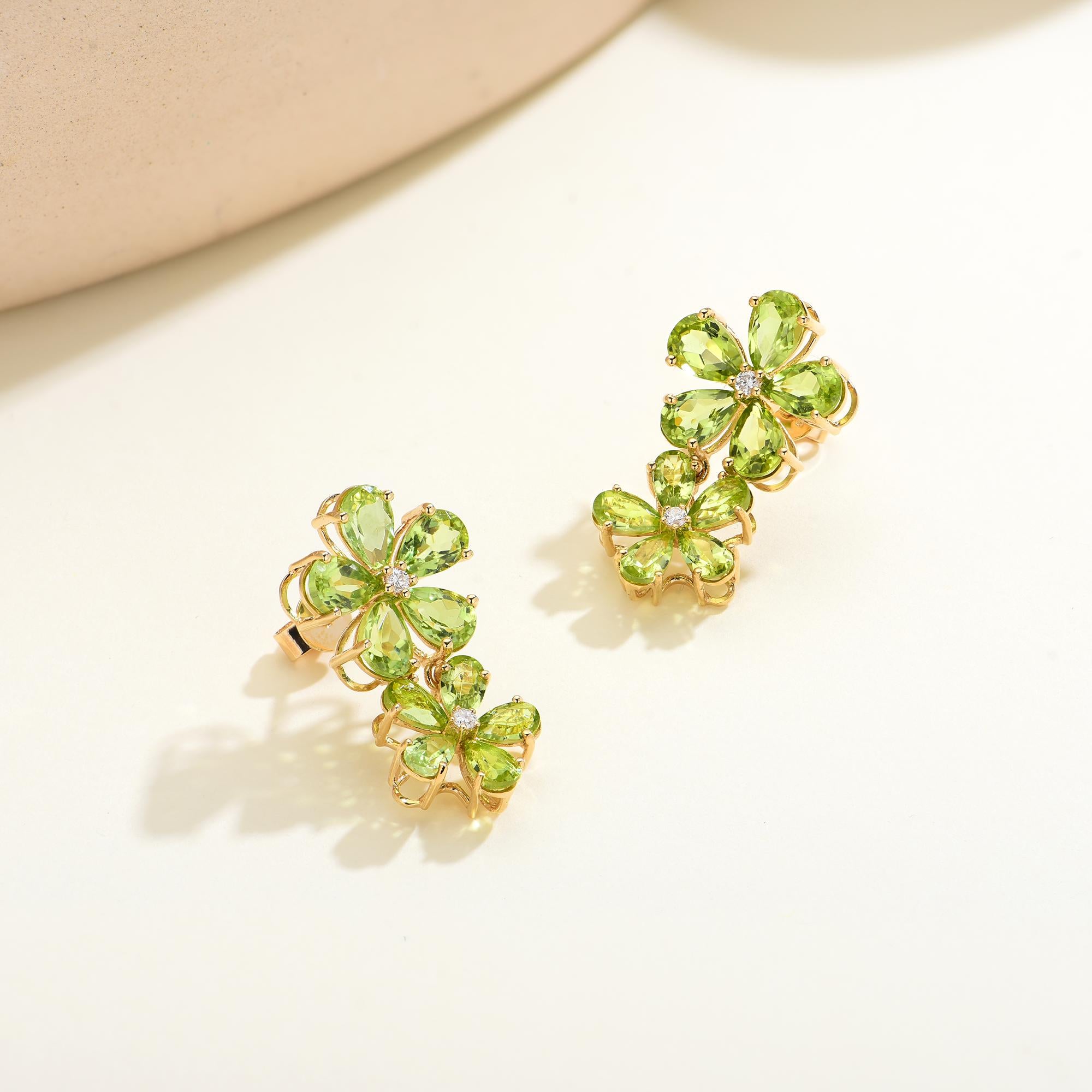 Modern Nina Zhou Peridot Diamond Double Blossom Drop Earrings For Sale