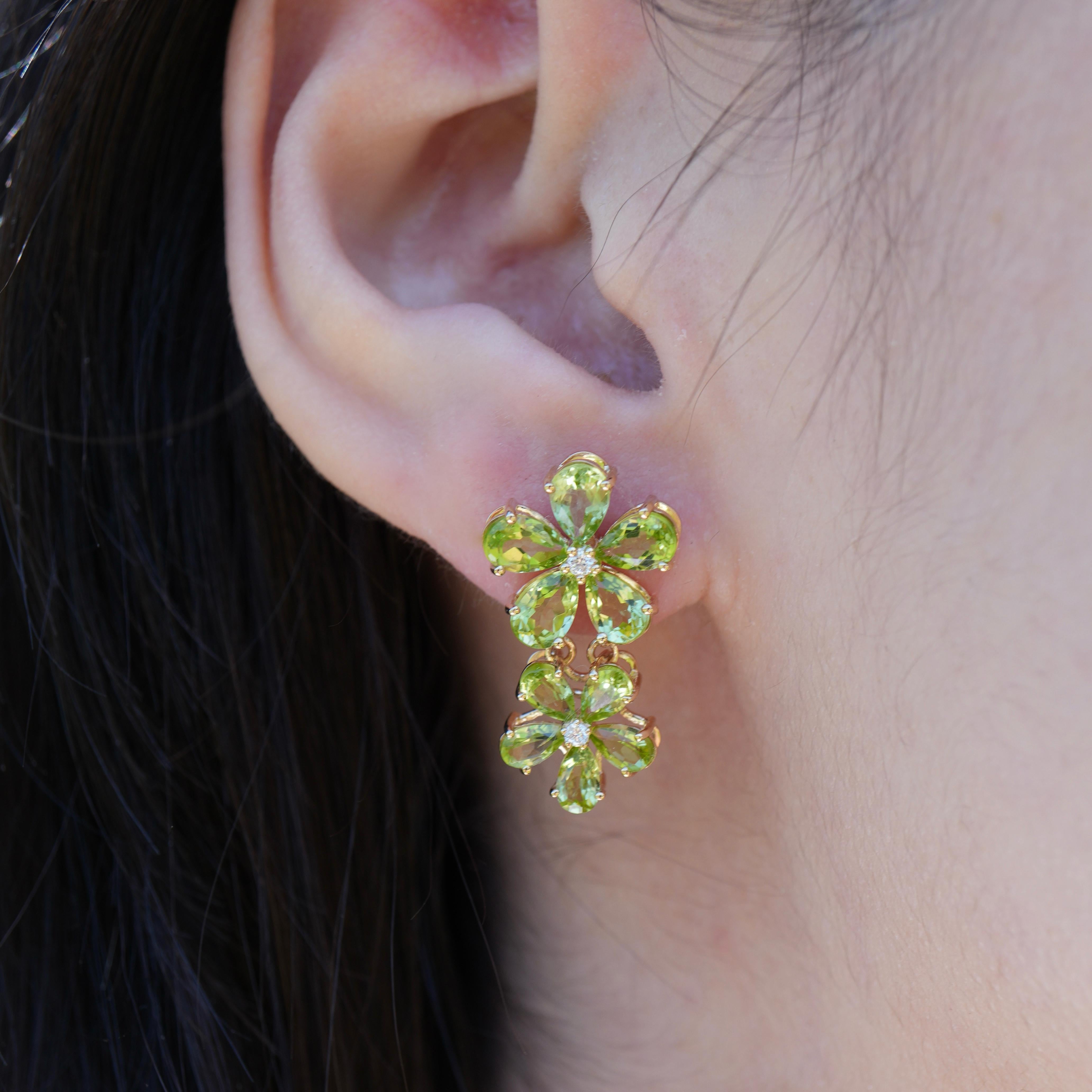Pear Cut Nina Zhou Peridot Diamond Double Blossom Drop Earrings For Sale