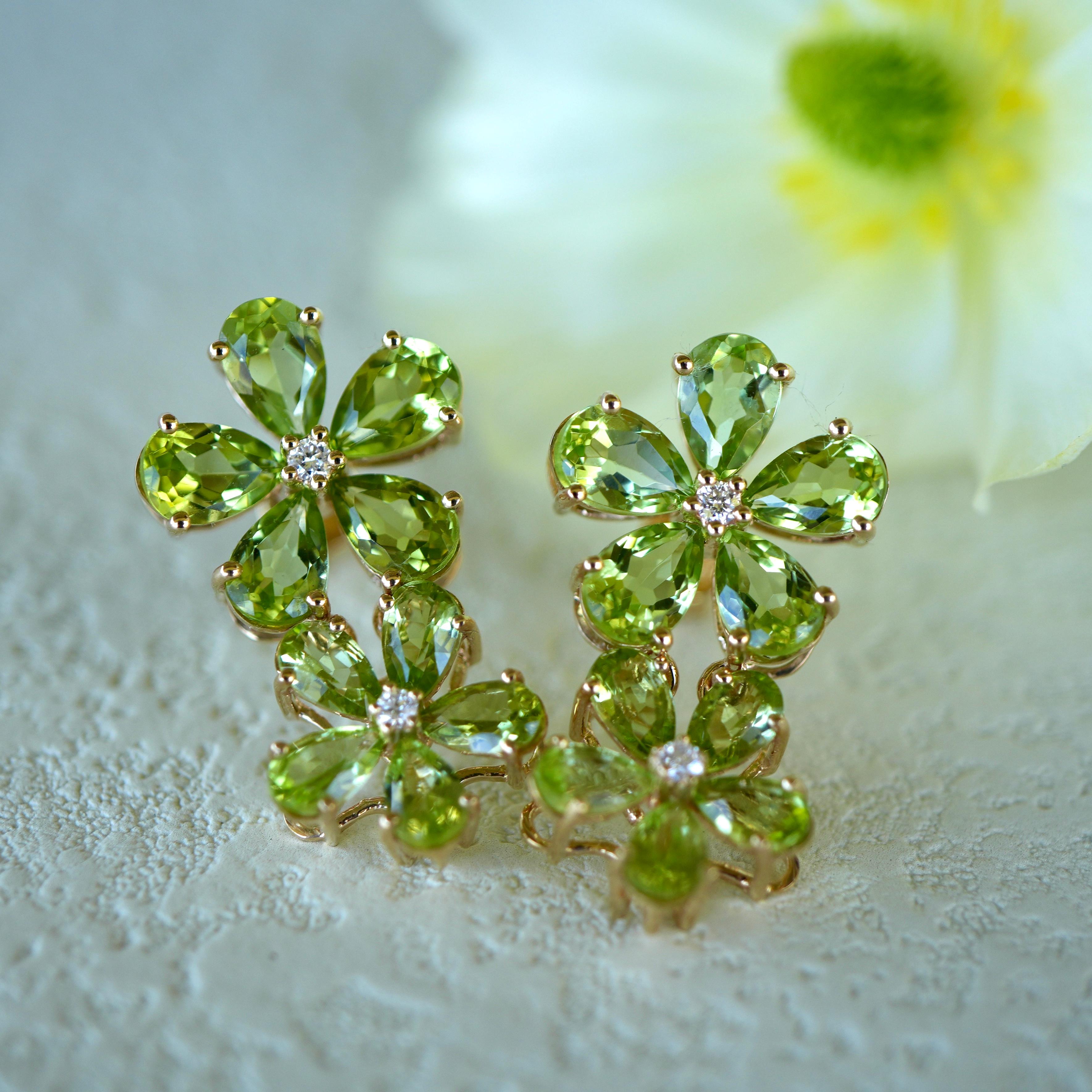 Nina Zhou Peridot Diamond Double Blossom Drop Earrings In New Condition For Sale In Rowland Heights, CA