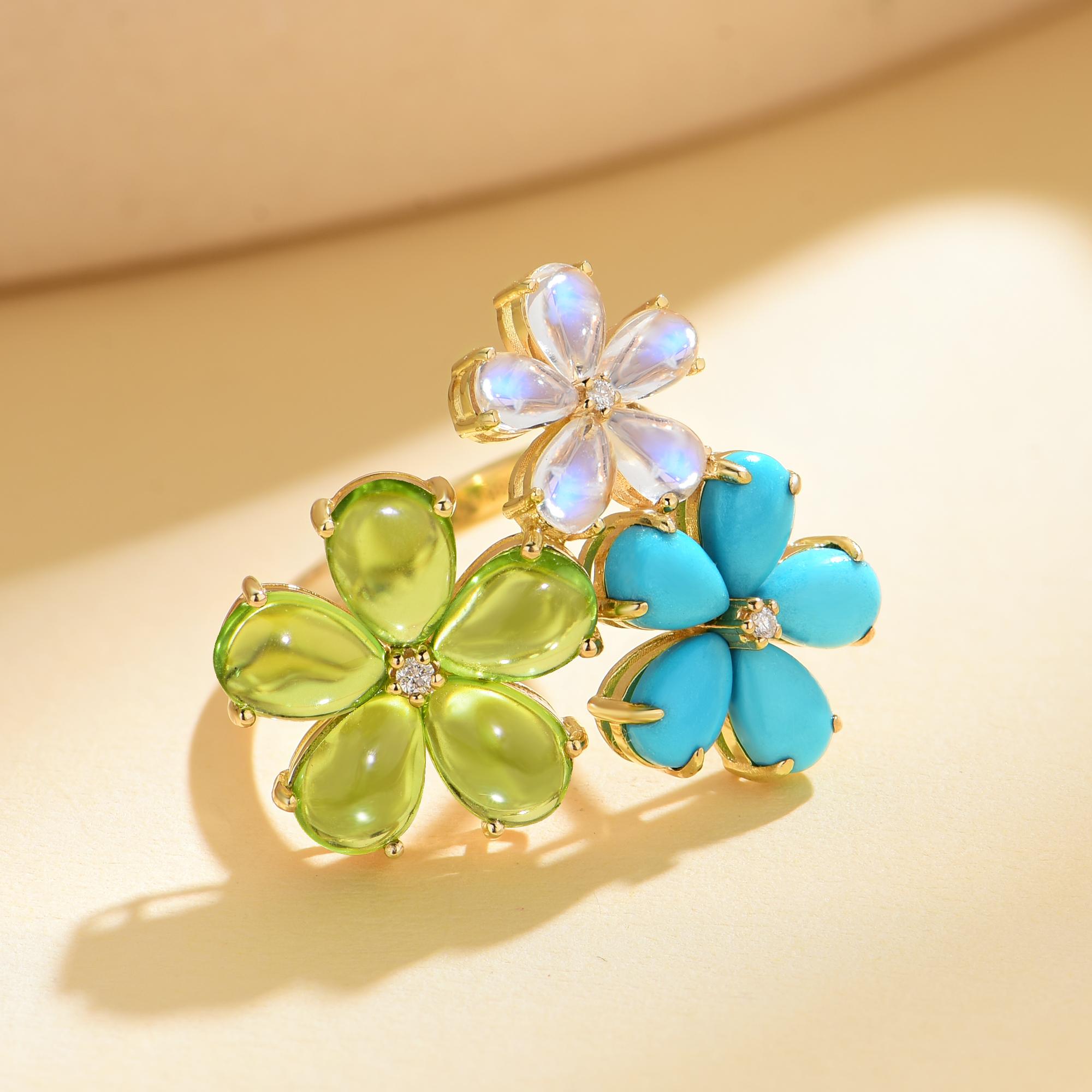 Modern Nina Zhou 6.56 CTW Diamond Peridot Turquoise Moonstone Blossom Cocktail Ring For Sale