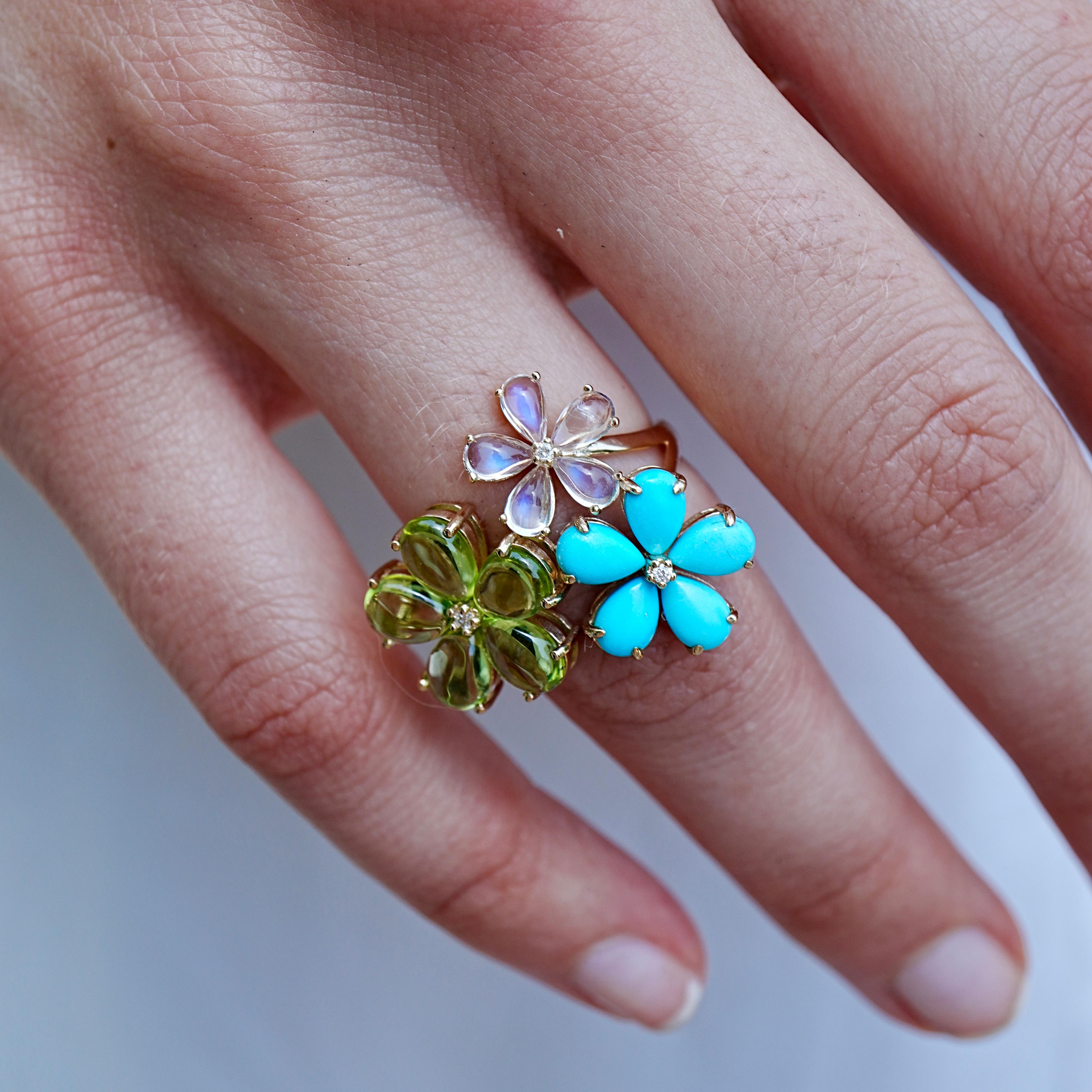 Pear Cut Nina Zhou 6.56 CTW Diamond Peridot Turquoise Moonstone Blossom Cocktail Ring For Sale