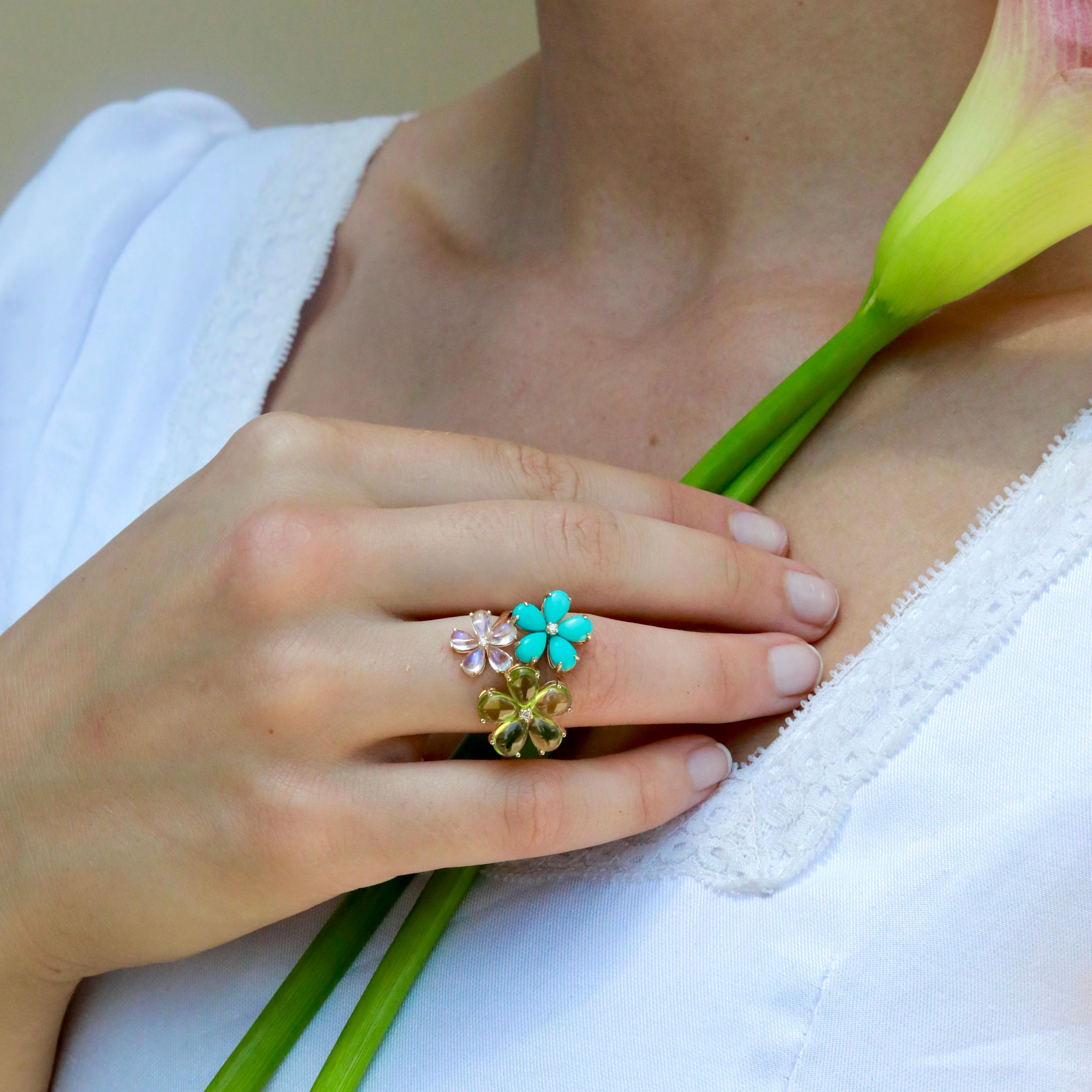 Women's Nina Zhou 6.56 CTW Diamond Peridot Turquoise Moonstone Blossom Cocktail Ring For Sale