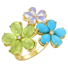 Nina Zhou 6.56 CTW Diamond Peridot Turquoise Moonstone Blossom Cocktail Ring