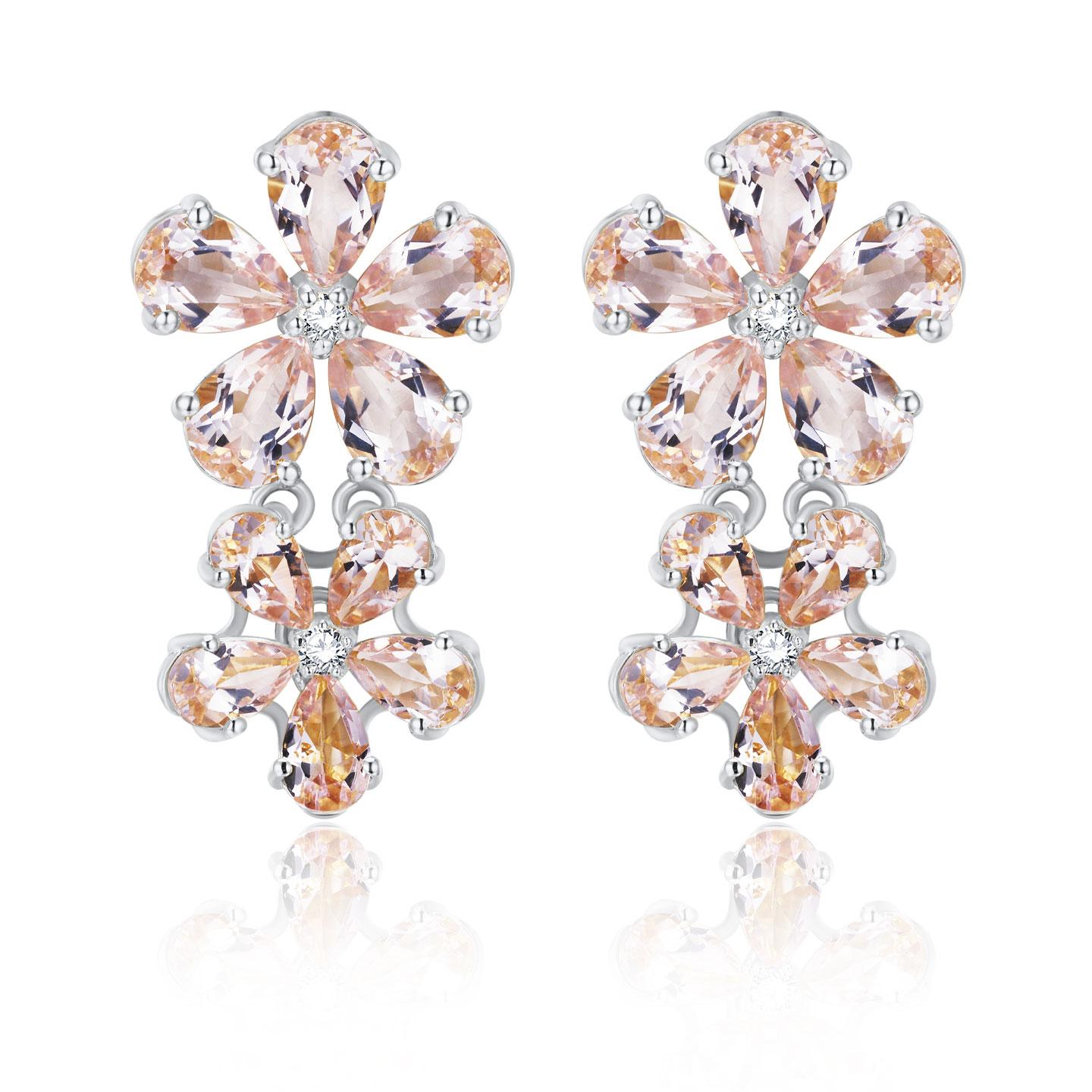 Nina Zhou Pink Morganite Diamond Double Blossom Drop Earrings For Sale 2