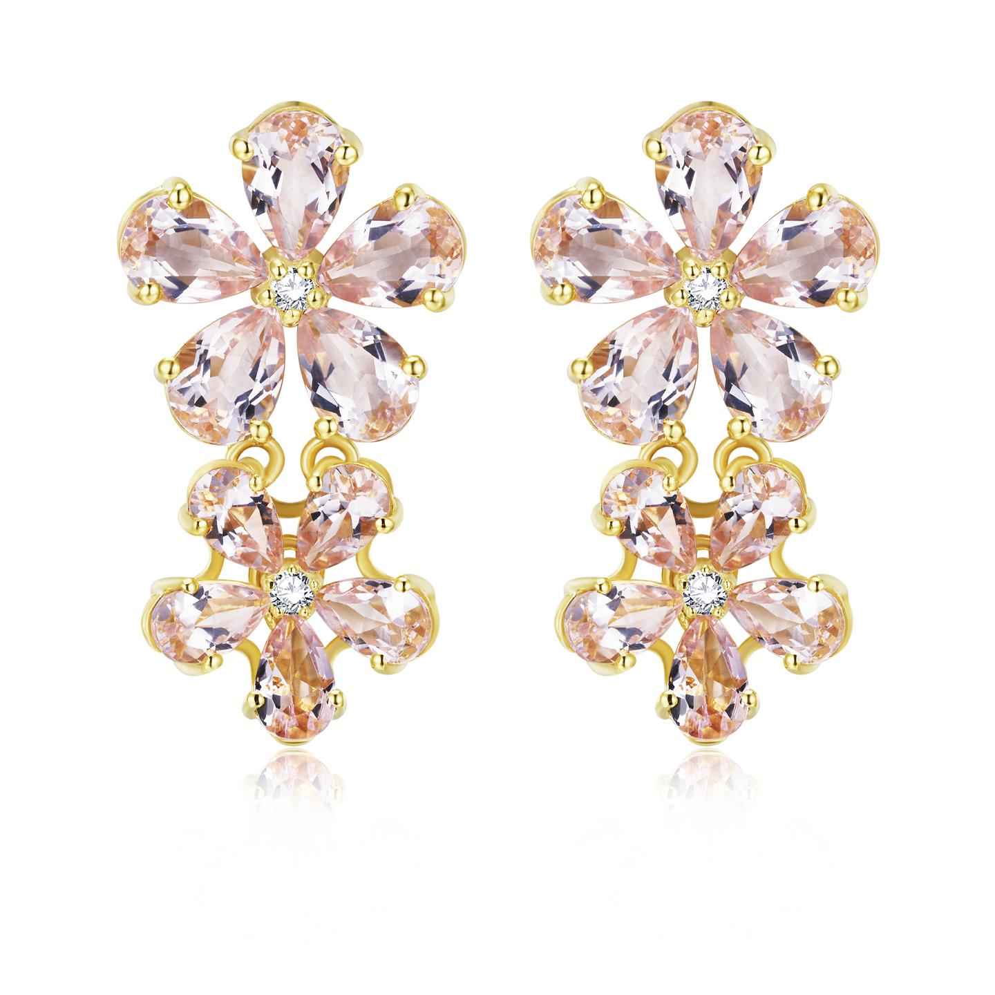 Nina Zhou Pink Morganite Diamond Double Blossom Drop Earrings For Sale 1
