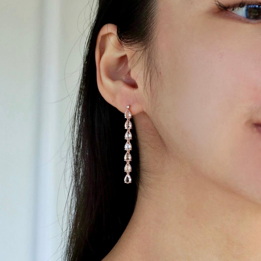Modern Nina Zhou Pink Morganite Diamond Gold Drop Earrings in 14K Rose Gold For Sale