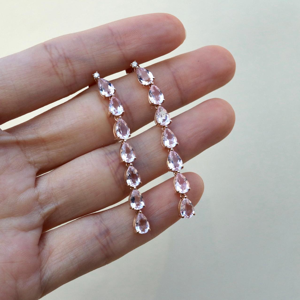 Women's Nina Zhou Pink Morganite Diamond Gold Drop Earrings in 14K Rose Gold For Sale