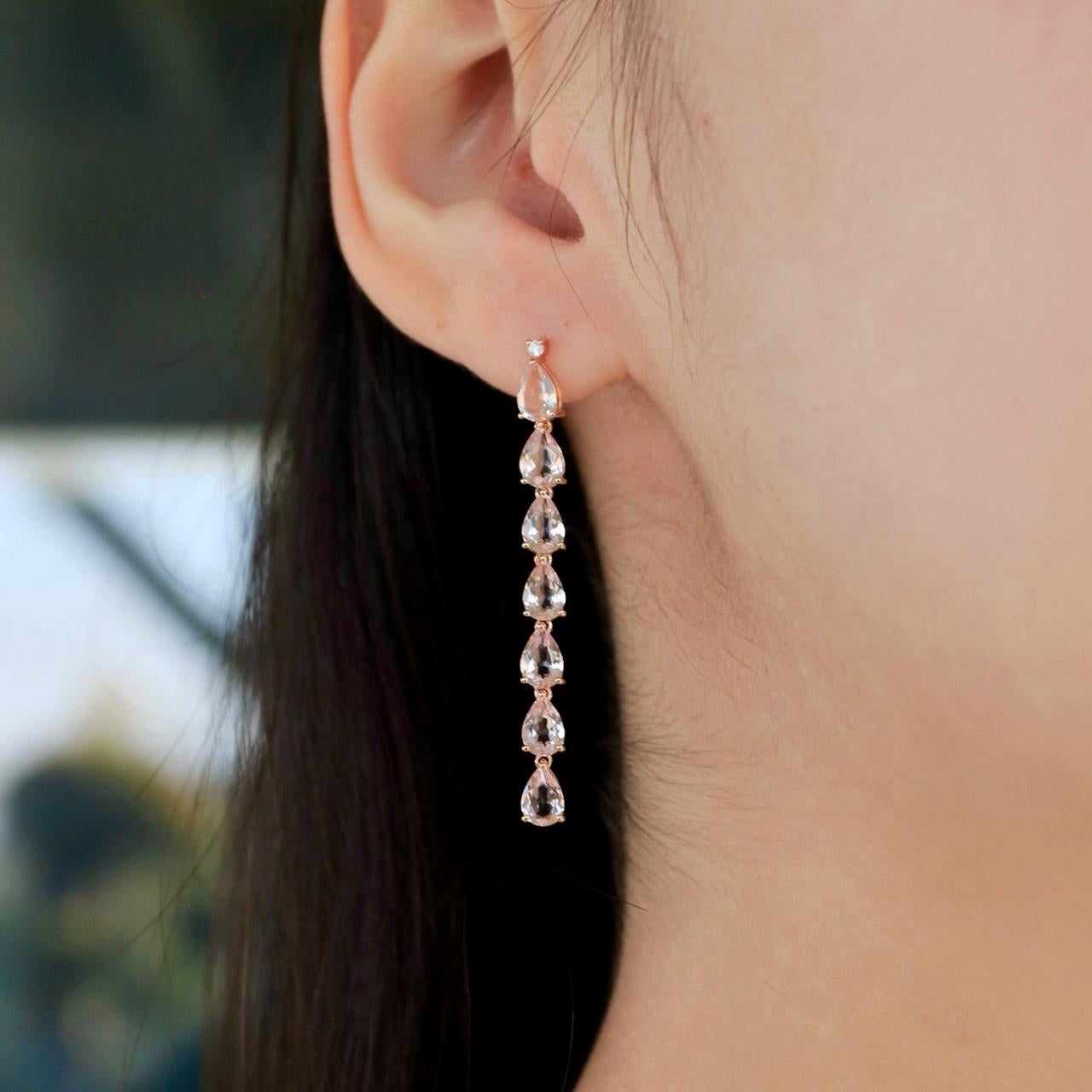 Nina Zhou Pink Morganite Diamond Gold Drop Earrings in 14K Rose Gold For Sale 2