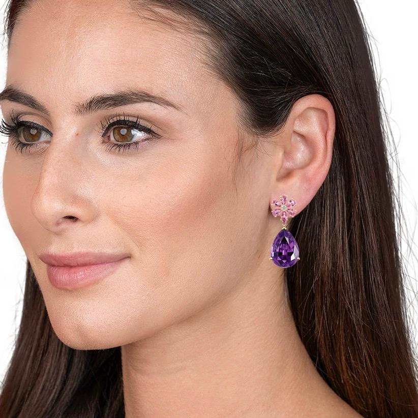 Nina Zhou Pink Sapphire Diamond Blossom 24ct Amethyst Drop Earrings In New Condition For Sale In Rowland Heights, CA