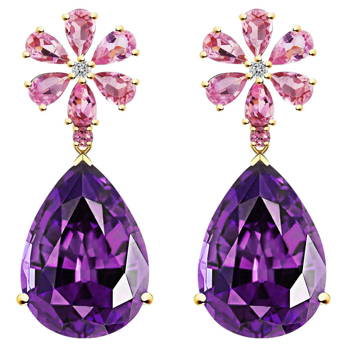 Nina Zhou Pink Sapphire Diamond Blossom 24ct Amethyst Drop Earrings For Sale