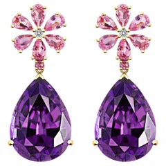 Nina Zhou Pink Sapphire Diamond Blossom 24ct Amethyst Drop Earrings