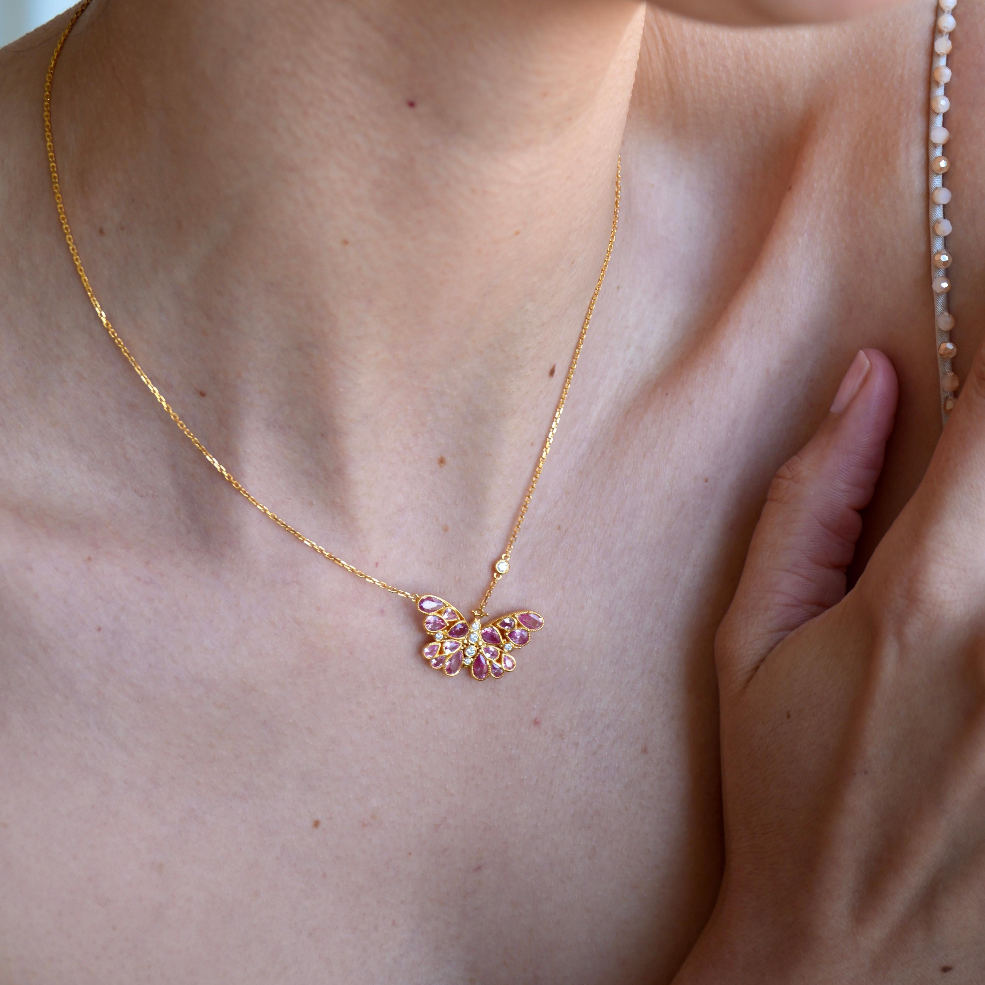 Women's Nina Zhou Pink Sapphire Diamond Butterfly Pendant Necklace For Sale